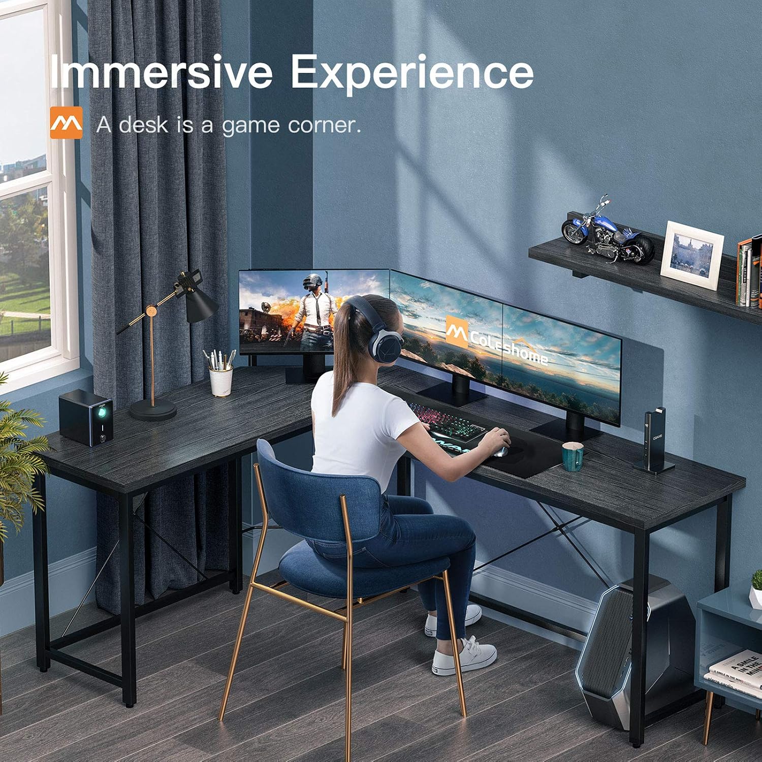 Coleshome Reversible L Shaped Desk 59" Sturdy L Shaped Gaming Desk with Monitor Stand, L Desk for Gaming & Home Office, Space Saving Corner Desk Easy to Assemble, Black