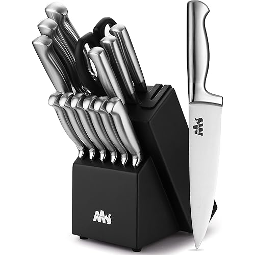 MHK21 Knife Sets,15 Pieces German Stainless Steel Kitchen Knives Block Set with Built-in Sharpener