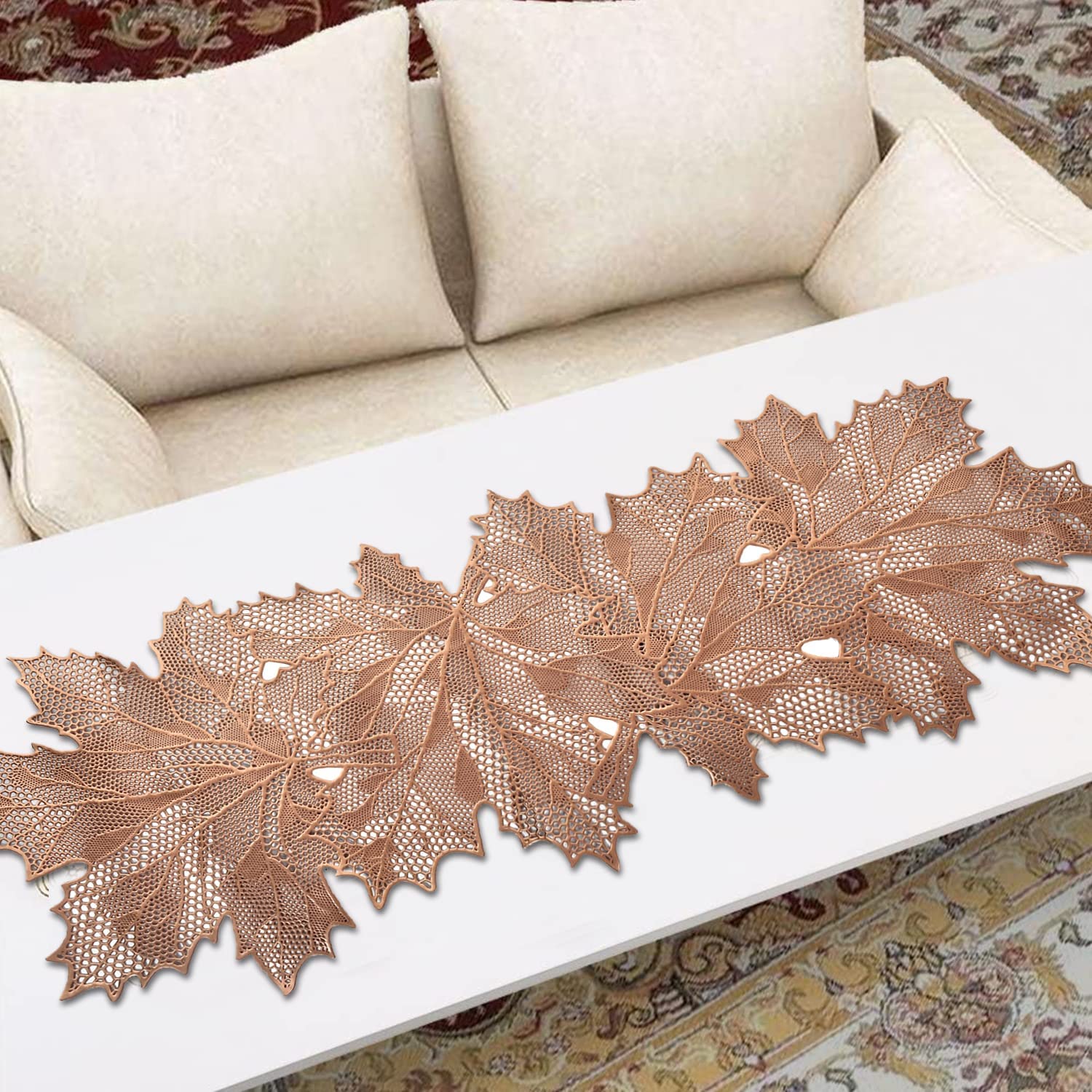 Urbane Home Leaf Design Soft Leather Table Runner for Patios Family Dinner Office Kitchen Table (Copper)