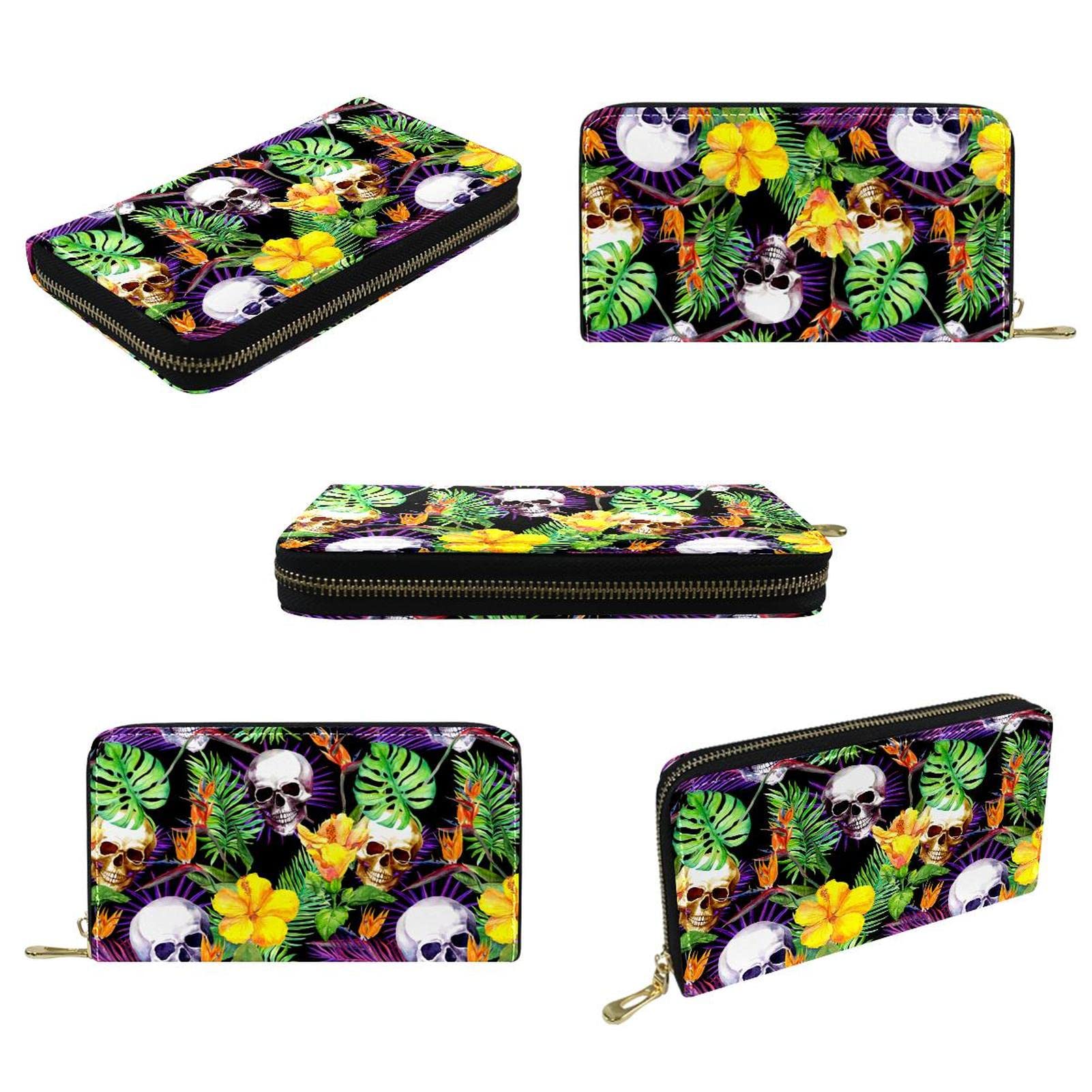 Cartera de cuero con cremallera larga con patrón de hojas de calavera, Varios colores, 20.5x2.5x11.5cm/8.07x1x4.53 in, Classic