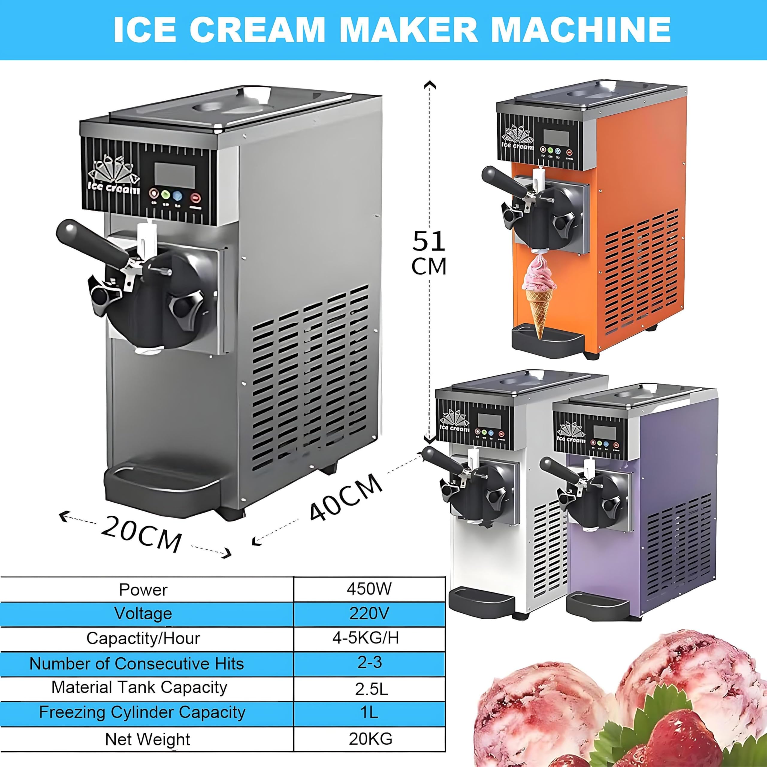 Heladera Mono Sabor de Sobremesa, Máquina Soft Serve 4-5 kg/h, Táctil LCD y Auto-Limpieza, para Bar, Cafetería, Restaurante, Tienda de Postres, Hogar, Chiringuito Metallic