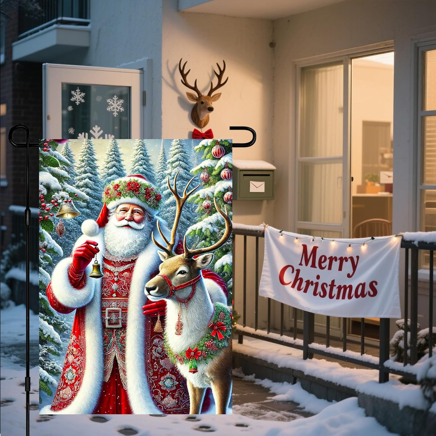 Merry Christmas Garden Flag Santa Claus Reindeer Jingle Flag Bells Snowy Forest Festive Outdoor Yard Decor 12x18 Inch Double Sided Banner For Front Porch Lawn Patio Home Decoration - Image 6