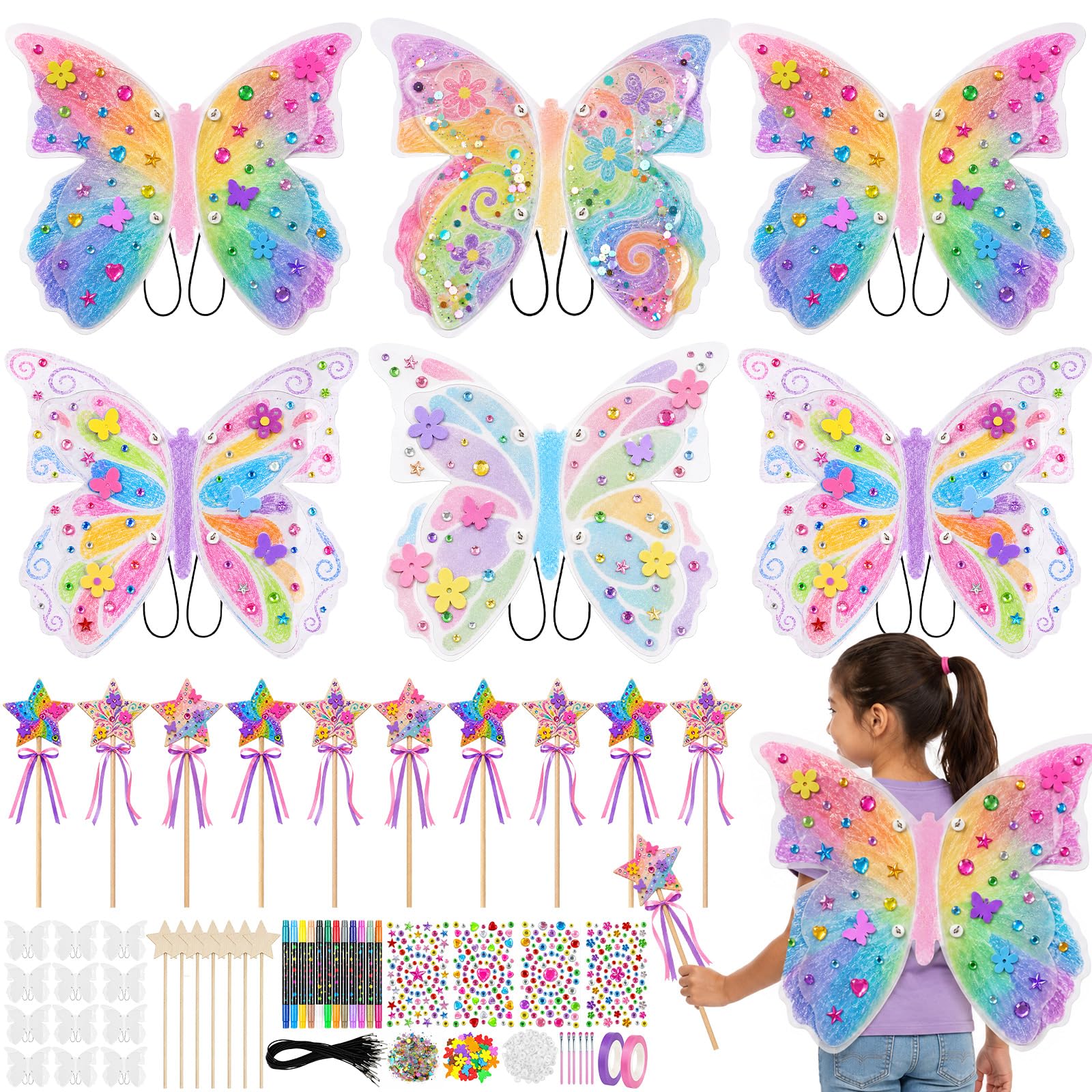 Cinrobiye Set di 12 ali da fata fai da te, kit per colorare le tue ali di farfalla con bacchetta fata, bomboniera per feste di compleanno, travestimento da principessa, giochi di ruolo, regali per