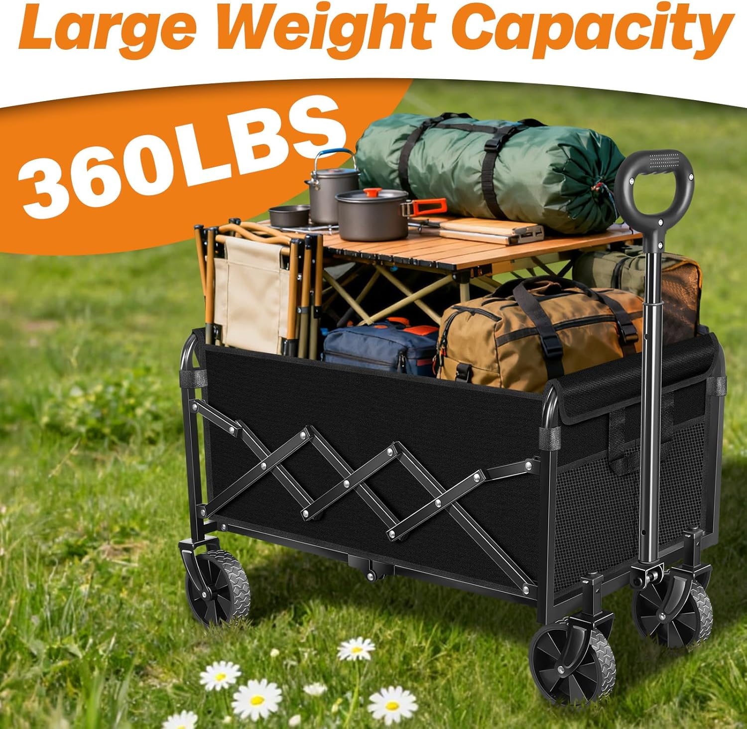 Collapsible Wagon Cart Foldable, 360lbs Portable Folding Wagon with Wheels, Foldable Wagon Carts Utility for Camping, Beach, Grocery, Shopping, Sports, Garden(Classic Black)