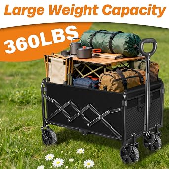 Collapsible Wagons Carts Foldable, 360lbs Portable Folding Wagon Cart with Wheels, Foldable Wagon Cart Utility for Camping, Beach, Grocery, Shopping, Sports, Garden(Classic Black)