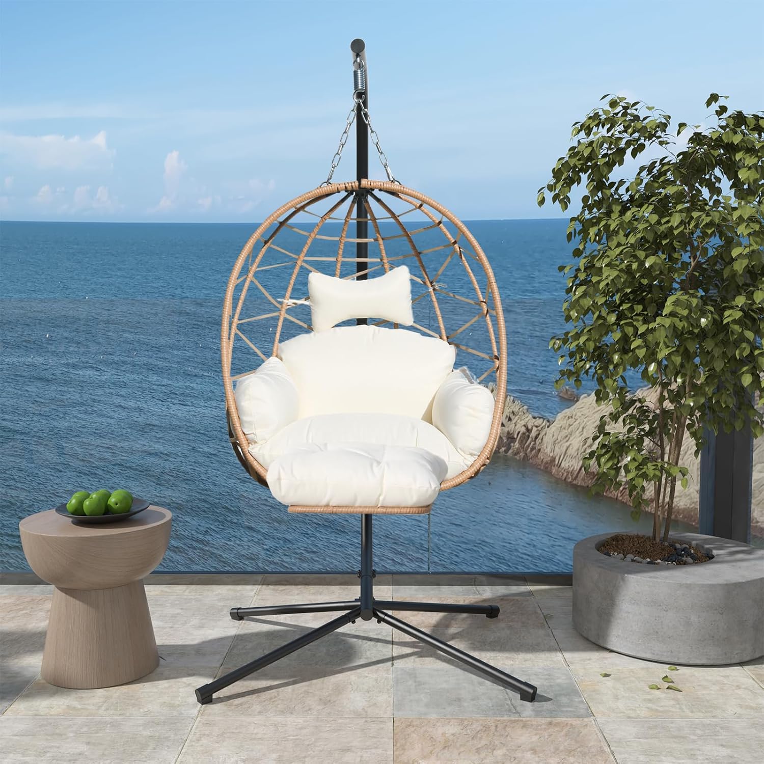 Hanging Egg Chair with Leg Stand, Indoor/Outdoor Swing Egg Chair Hammock Basket Seat Chair with Cushion for Porch Balcony Garden Patio (Ribbon+Rattan, Yellow+White)