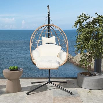 Hanging Egg Chair with Leg Stand, Indoor/Outdoor Swing Egg Chair Hammock Basket Seat Chair with Cushion for Porch Balcony Garden Patio (Ribbon+Rattan, Yellow+White)