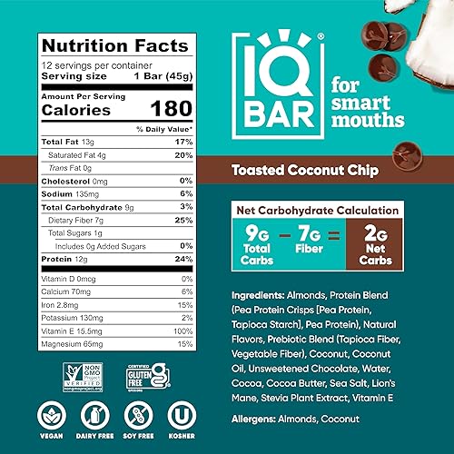 Miniatura 2 de IQBAR - Barras de proteína Keto Brain and Body, barras ketogénica con chips de coco tostado, barras energéticas de 12 unidades, barras de proteína