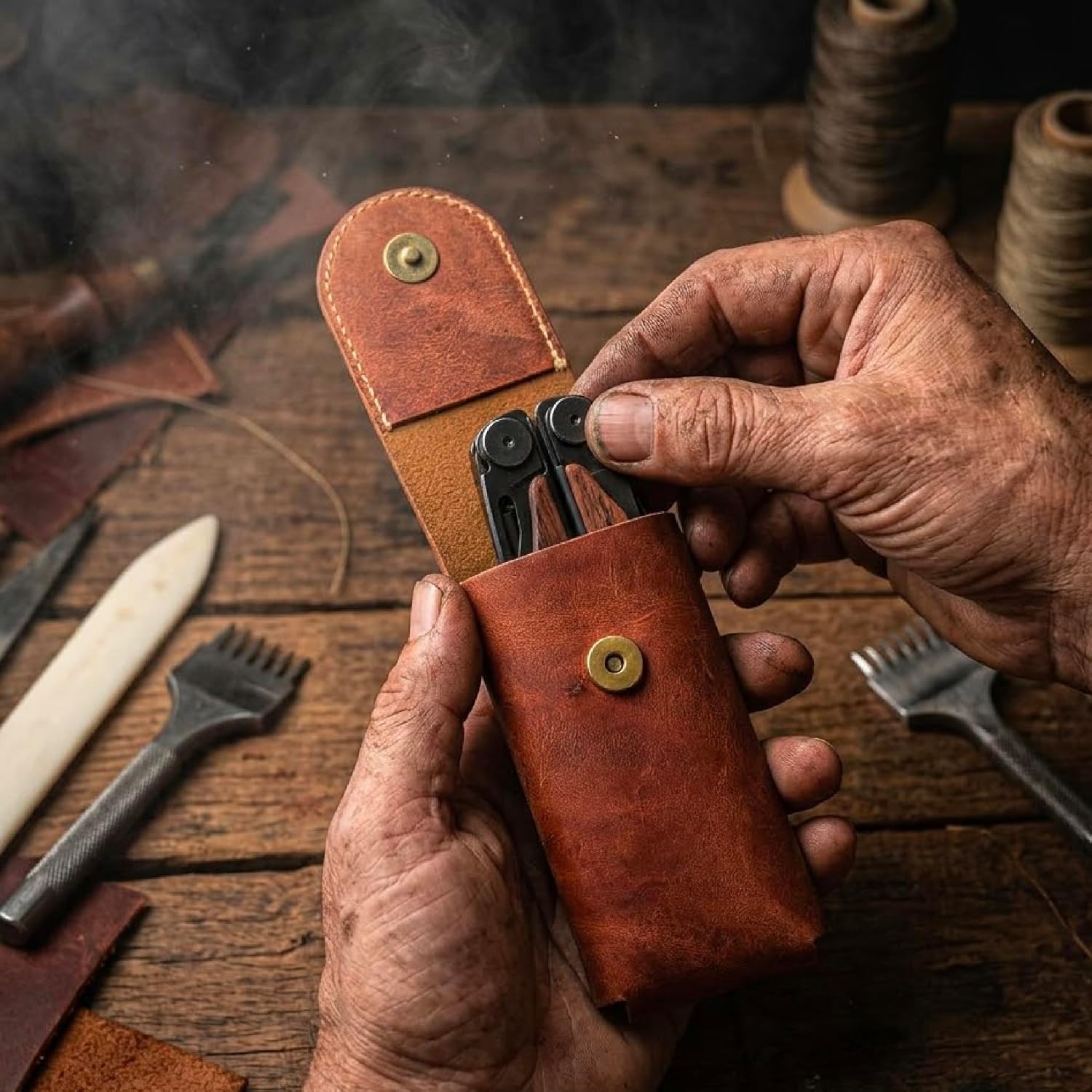 Dessi Riveted Leather Multitool Sheath Tobacco Brown Crazy Horse Leather Belt Holster for Folding Knives and EDC Tools with Flannel Lining and Magnetic Snap image 4