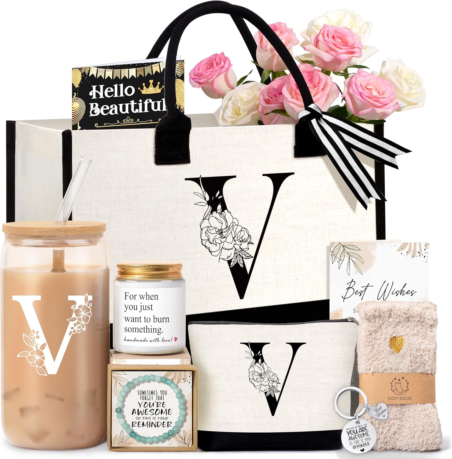Monogram tote bag set with glass cup and cosmetic bag