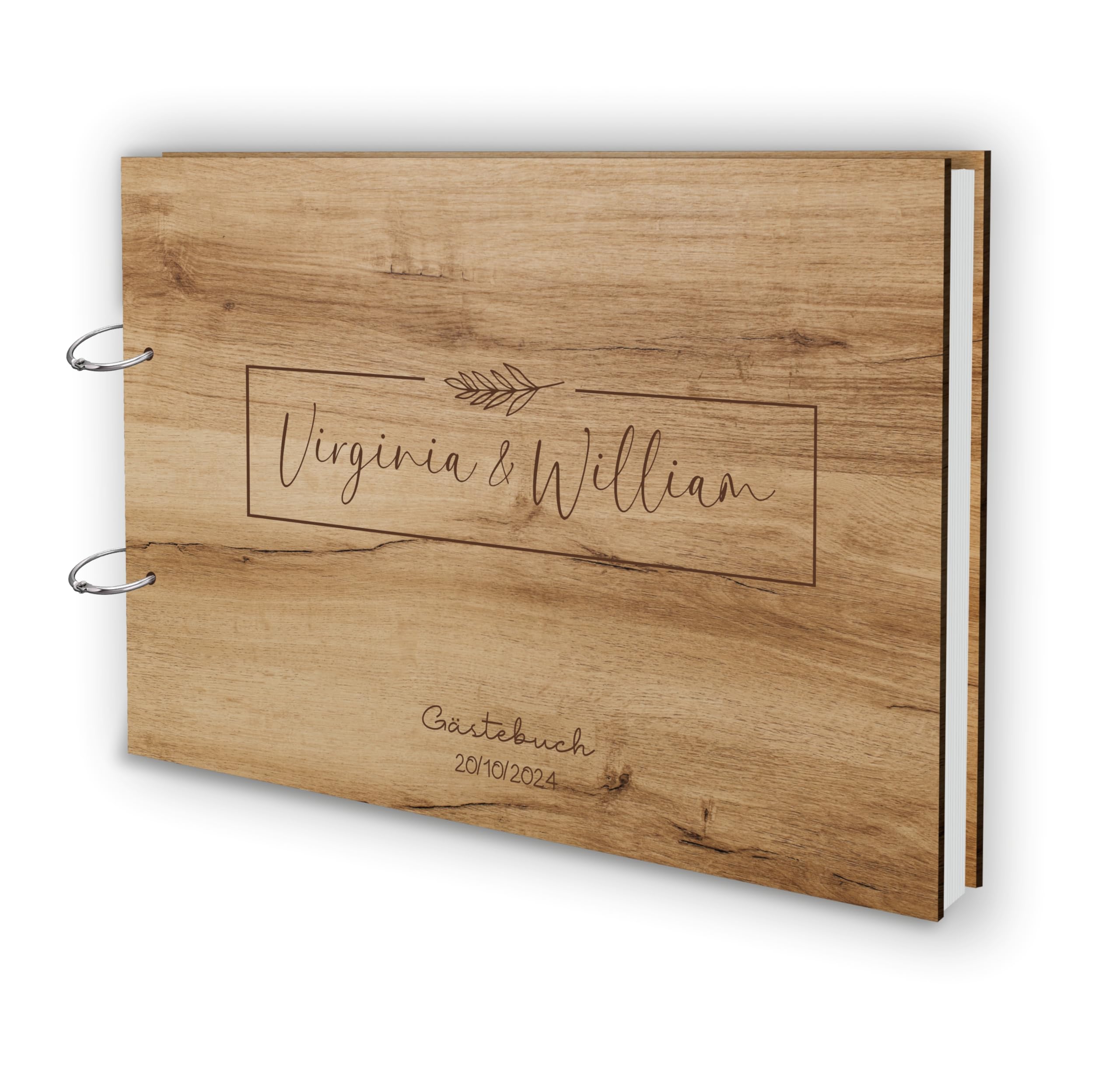 Manschin-Laserdesign Holz Gästebuch Love Hochzeit Echtholz mit individueller Lasergravur | 50 Blätter (100 Seiten) | DIN A4 |