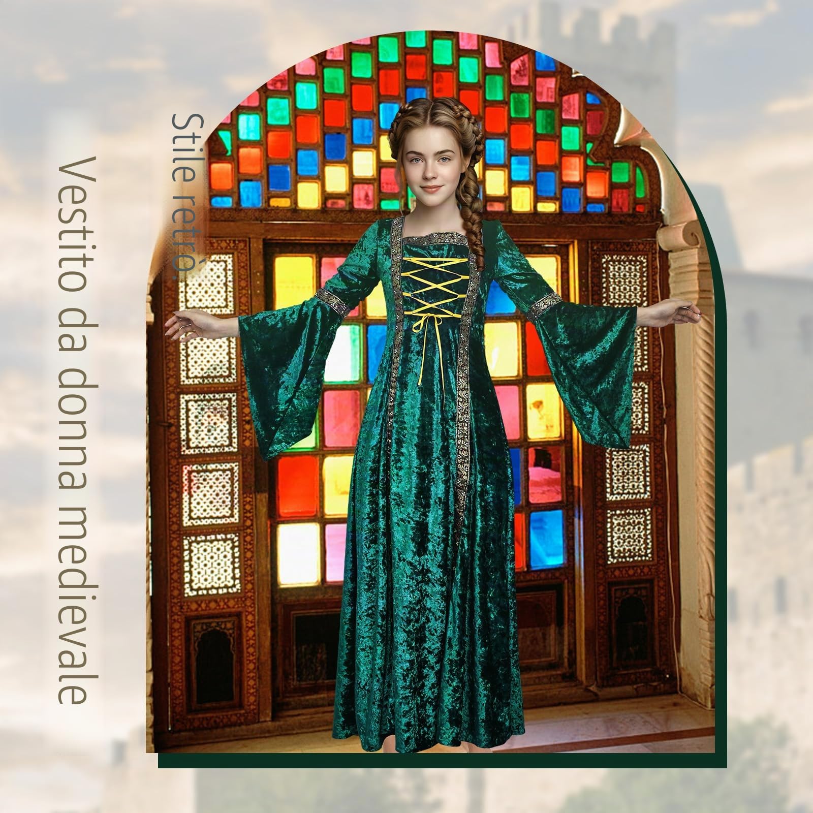 Abito da donna retrò medievale con maniche a tromba, abito medievale in velluto vittoriano, abito rinascimentale irlandese, carnevale, Halloween, feste da principessa