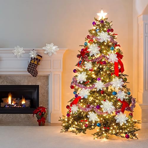 Vista 130 de 24 piezas de adorno de árbol de Navidad de Nochebuena con brillantina. Adorno de decoración de flores de Navidad. 3, 4 y 6 pulgadas / 7.62, 10.16