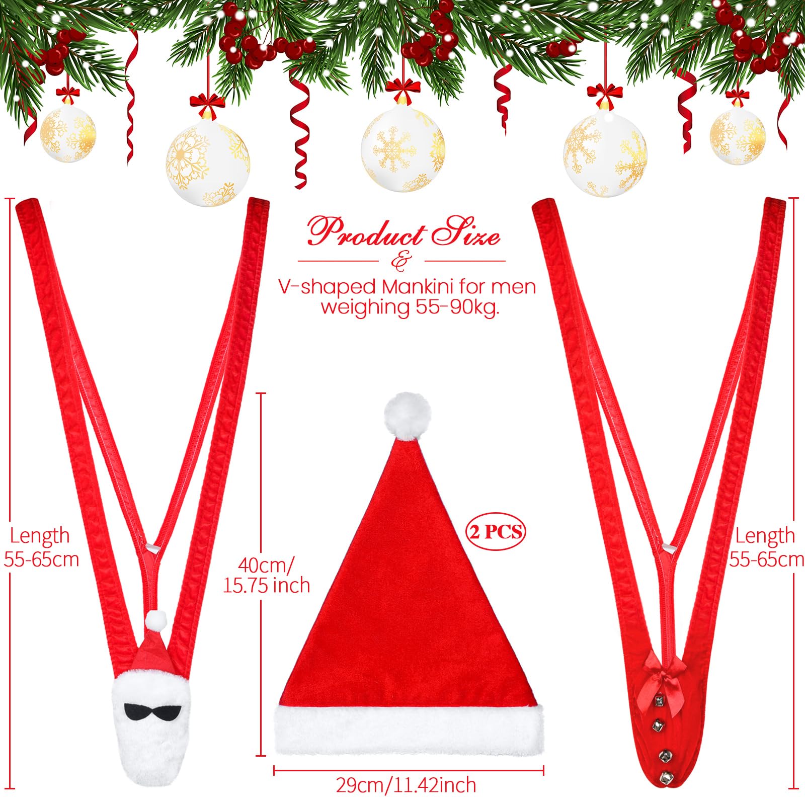 Hestya 4 Pcs Set de Mankini Noël Chapeaux de Père Mankini à String Bonnet Noël Maillot de Bain Drôle pour Homme