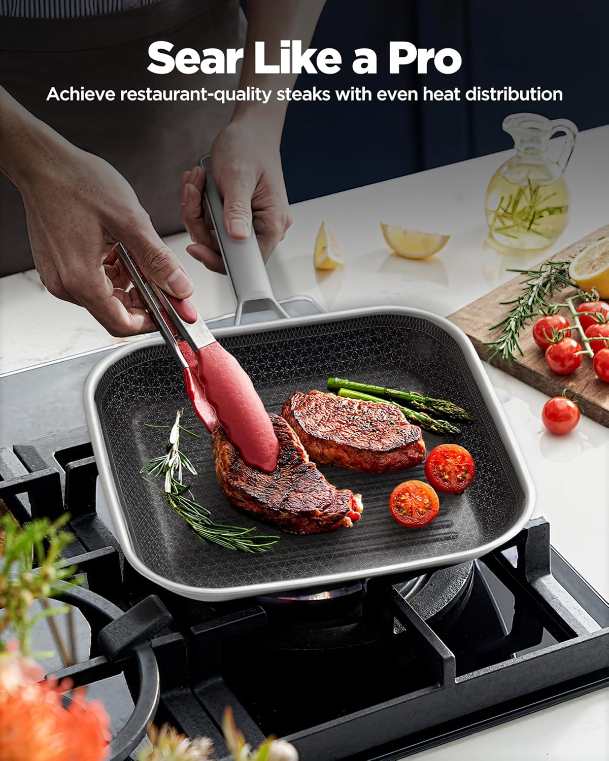 Nonstick Grill Pan,12 Inch Square Steak Grilling Pan for Indoor Cooking & Outdoor Grilling, Non Stick Stainless Steel Grill Skillet Steak Pan, PFOA Free cookware