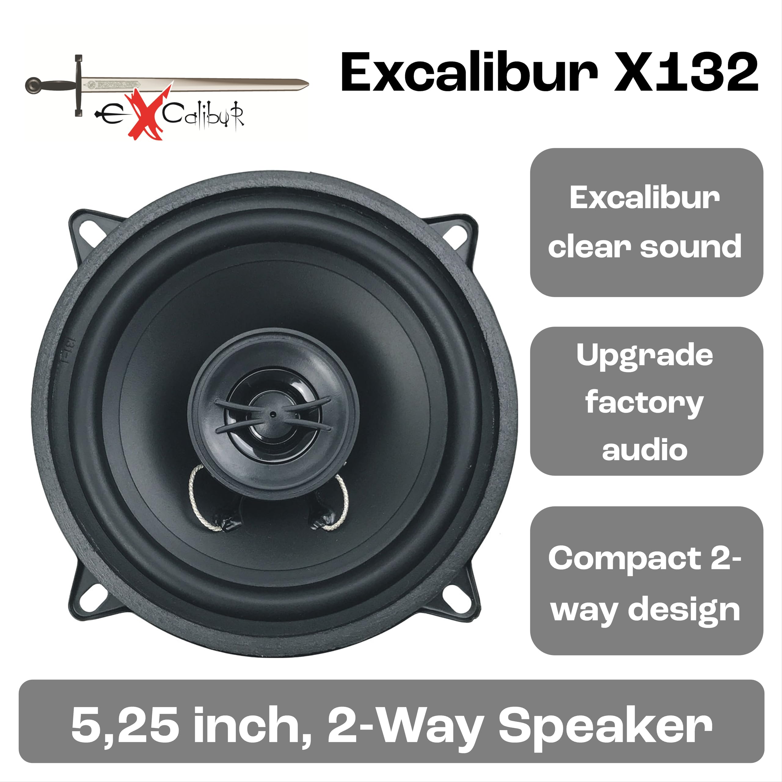 Excalibur X 132 set altoparlanti 2 pezzi, 50 W RMS, woofer da 13 cm (130 mm), suono stereo chiaro, design compatto, bassi potenti, ideale per musica e film