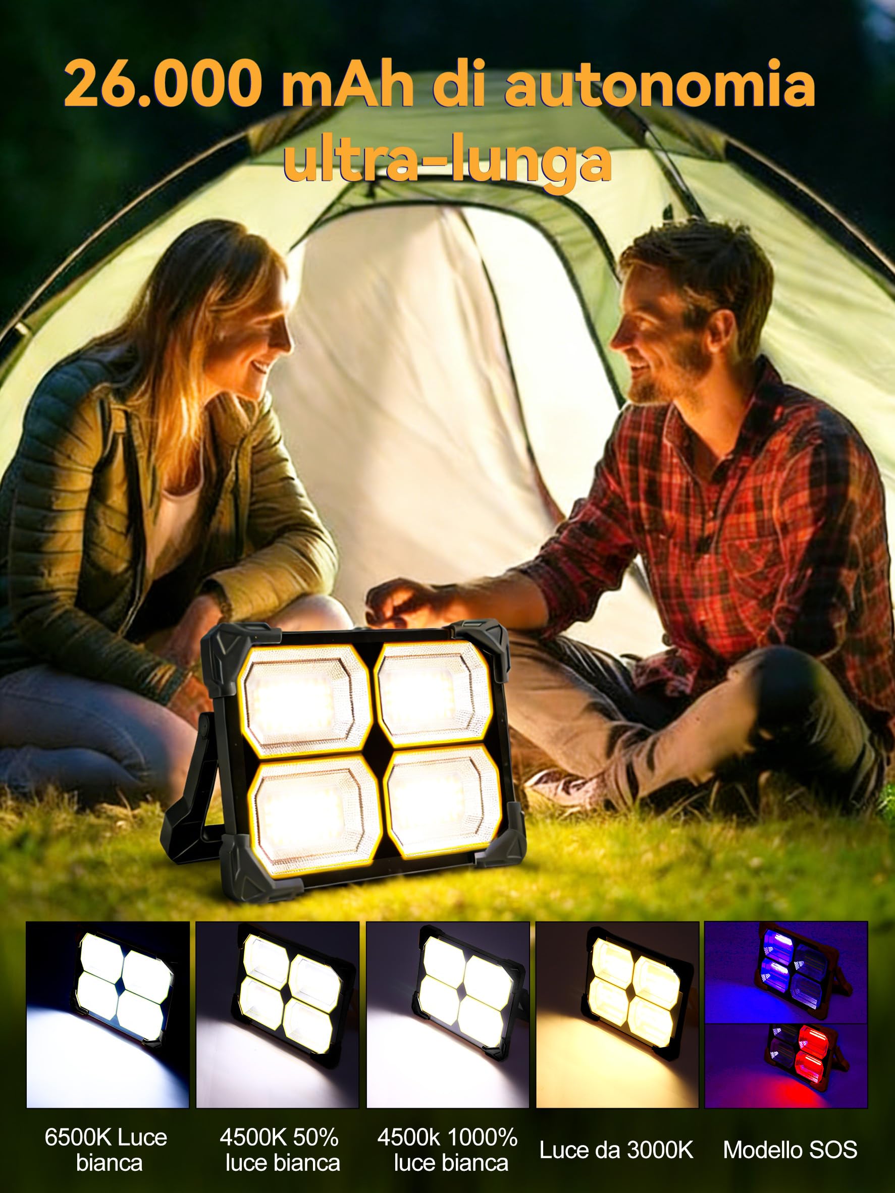 Faro LED Ricaricabile 300W, Faretto LED Ricaricabile 26000mAh con Pannello Solare, 5 Modalità di Illuminazione, Faro a Batteria Ideale per Campeggio, Lavoro, Pesca