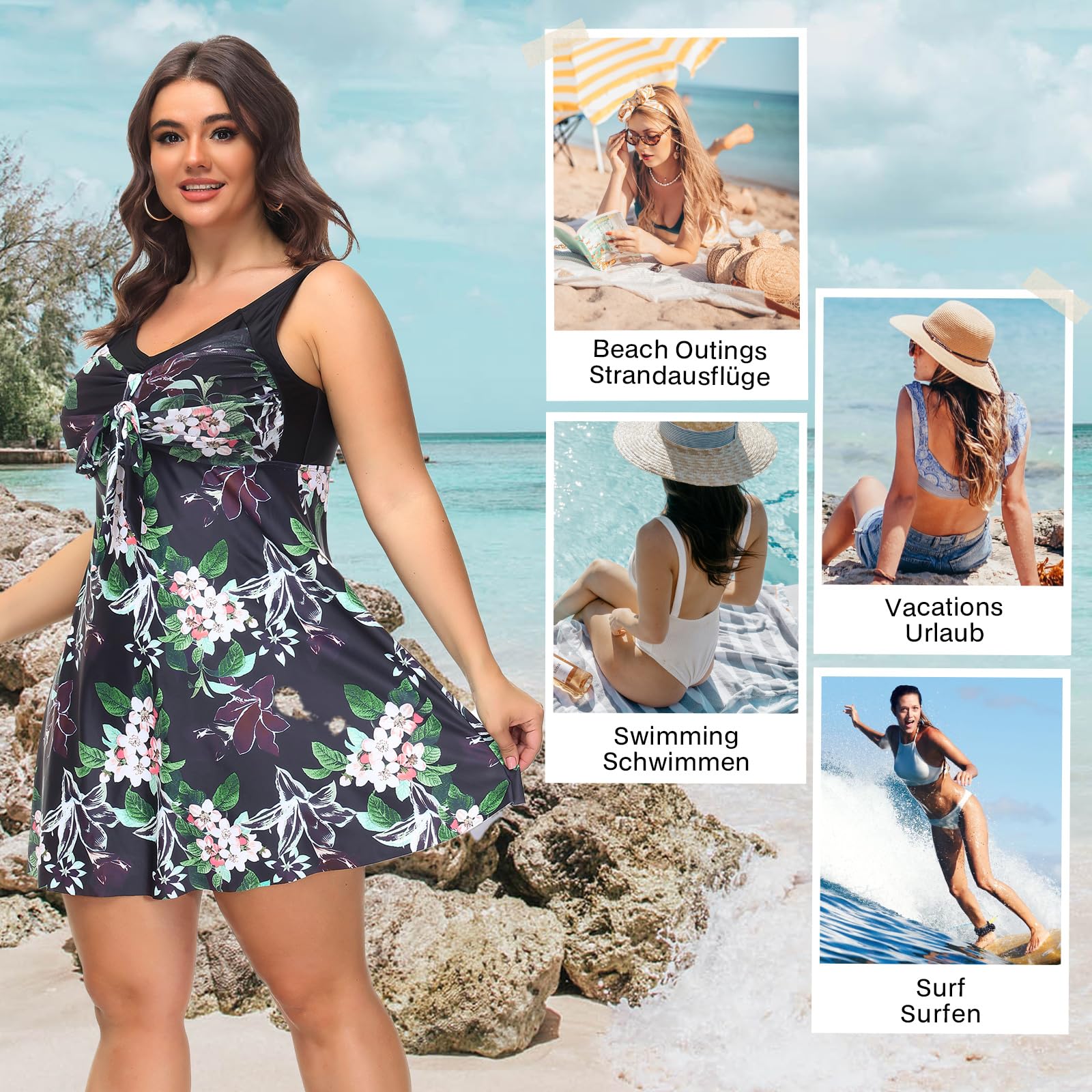 Hanna Nikole Tankini damski zestaw dużych rozmiarów, nadruk kwiatowy, sukienka kąpielowa, wyszczuplający brzuch, dwuczęściowy kostium kąpielowy z szortami chłopięcymi