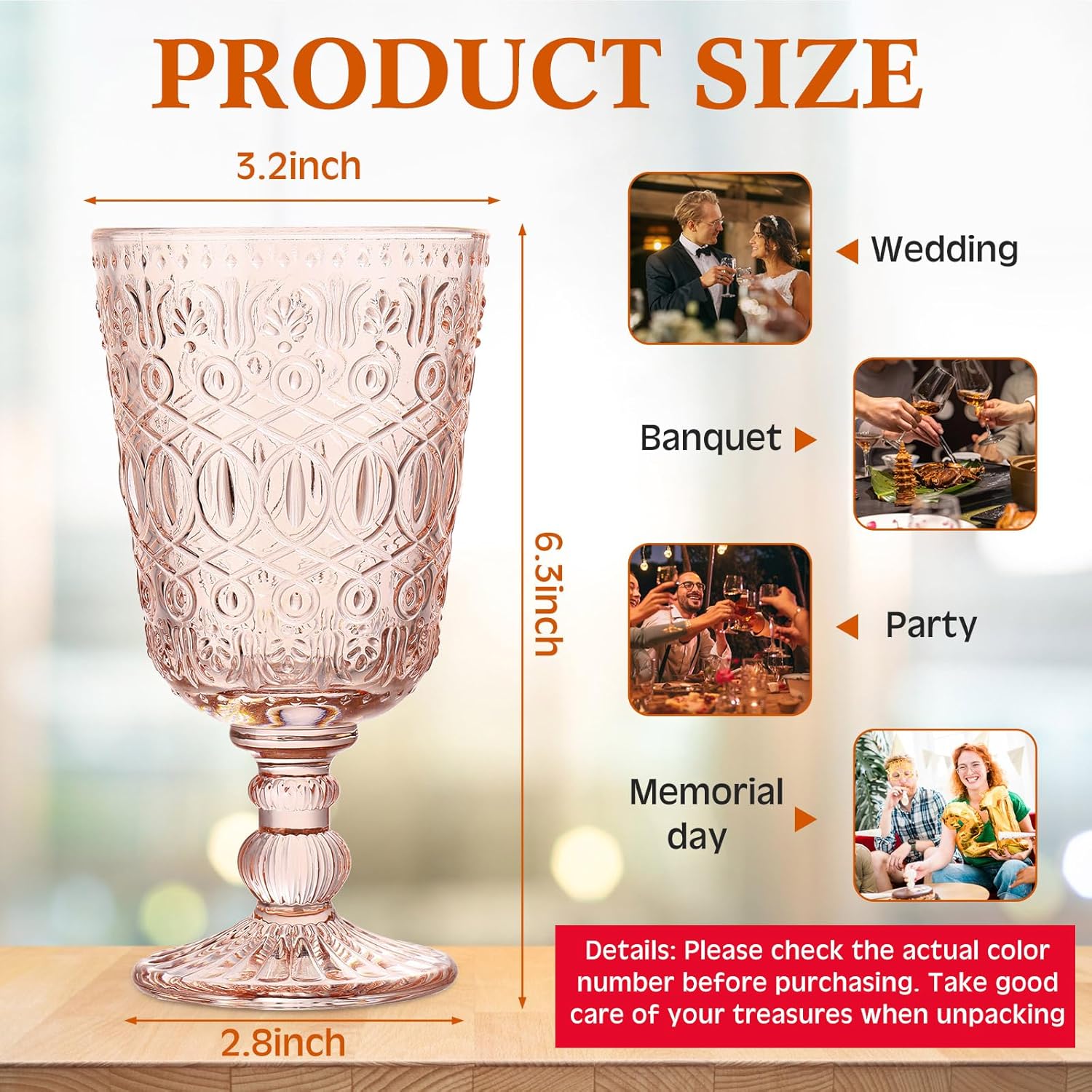 Rtteri 12 Pcs Vintage Glass Goblet Stemmed Wine Glasses Bulks 10 oz Wine Glasses Set High Clear Glassware for Juice Liquor Party Wedding Bars Restaurants Romantic Embossed (Flesh Pink)