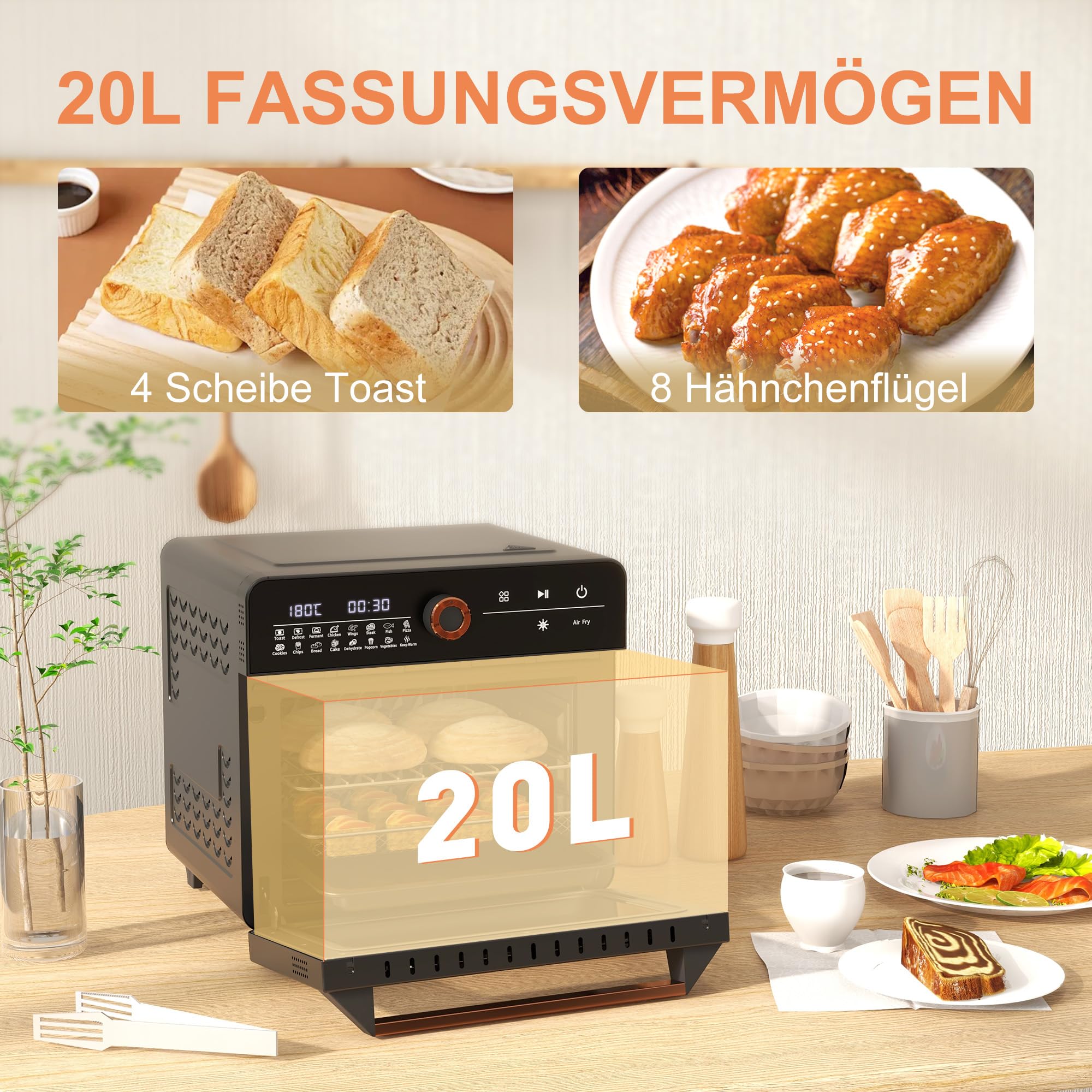 HOMCOM Mini forno a convezione 20L 3 in 1 Mini forno con griglia, teglia e vassoio per le briciole, friggitrice ad aria calda 40 °C-220 °C con cestello per frittura, timer, luce interna, 1400W,