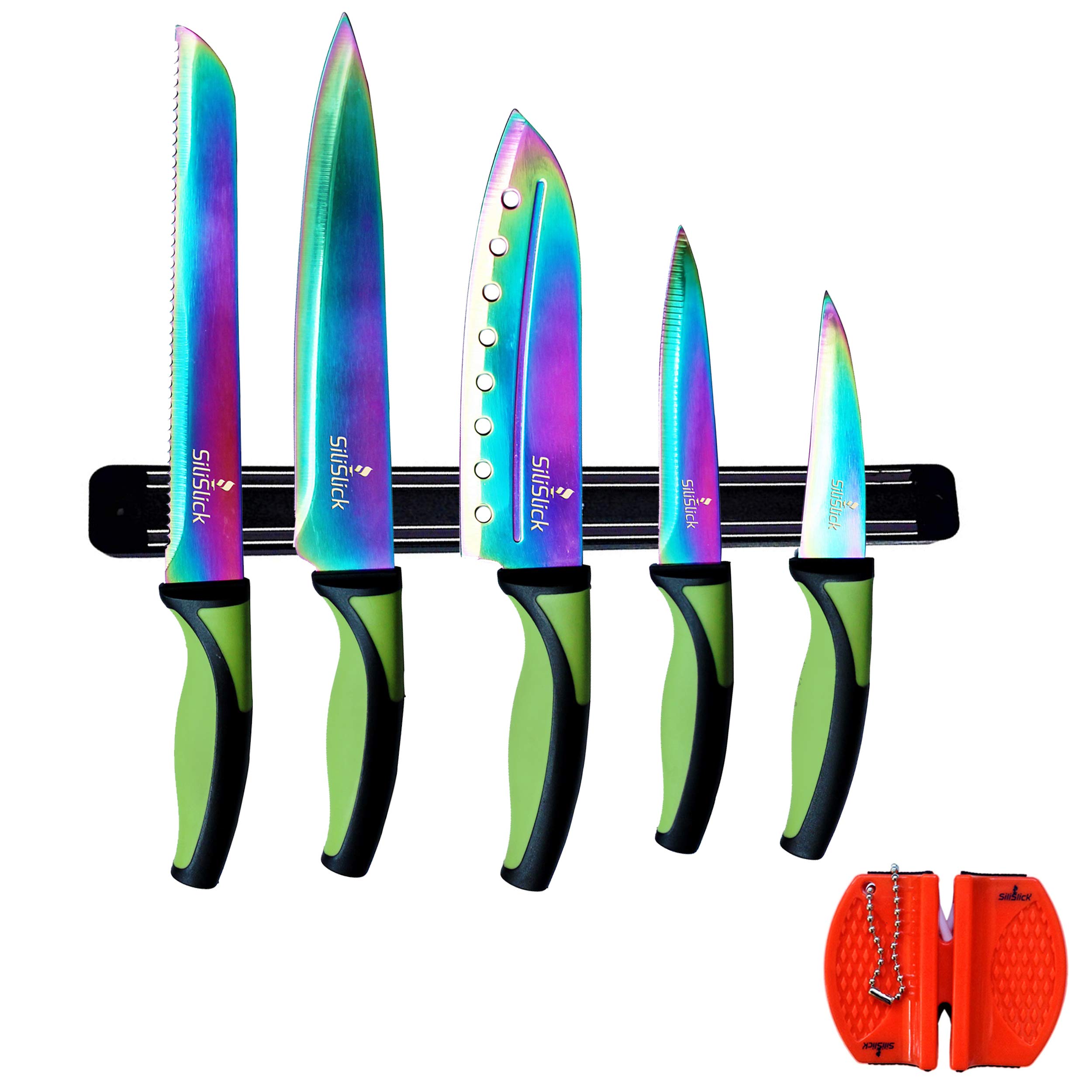 SiliSlick Kitchen Knife Set, Titanium Coated Stainless Steel Colorful Blades, Chef, Bread, Santoku Utility & Paring Knives, Magnetic Mounting Rack & Portable Sharpener