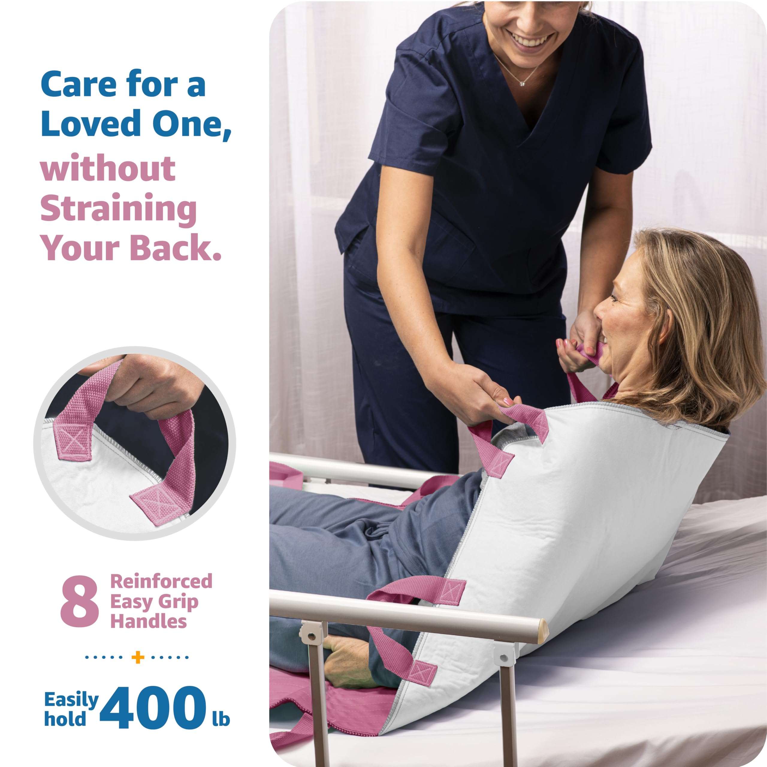 Improvia Almohadilla de cama de posicionamiento, con 8 asas reforzadas, secado rápido, lavable, impermeable, para levantar, girar, transferir, pacientes mayores e incontinencia (rosa y blanco, paquete