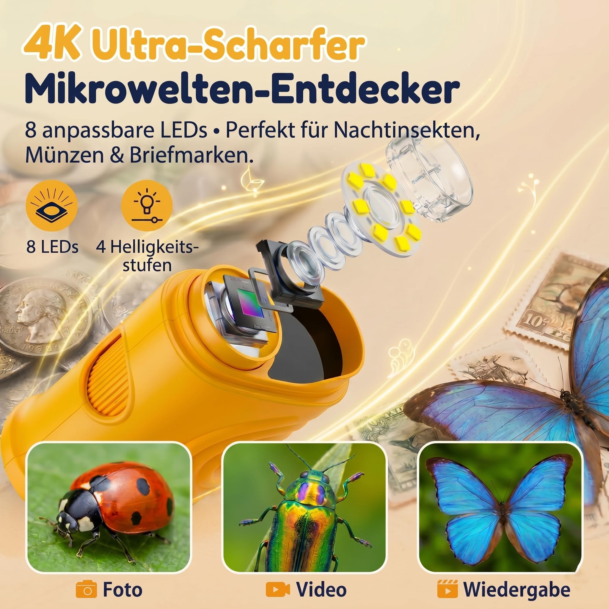 Mikroskop für Kinder, Digitales 4K Taschenmikroskop mit 2,4" IPS Display 1000X Vergrößerung, Elektronische Lupe 8 LED Foto Video, Mint Spielzeug Geburtstagsgeschenk Jungen Mädchen 3-12 Jahre
