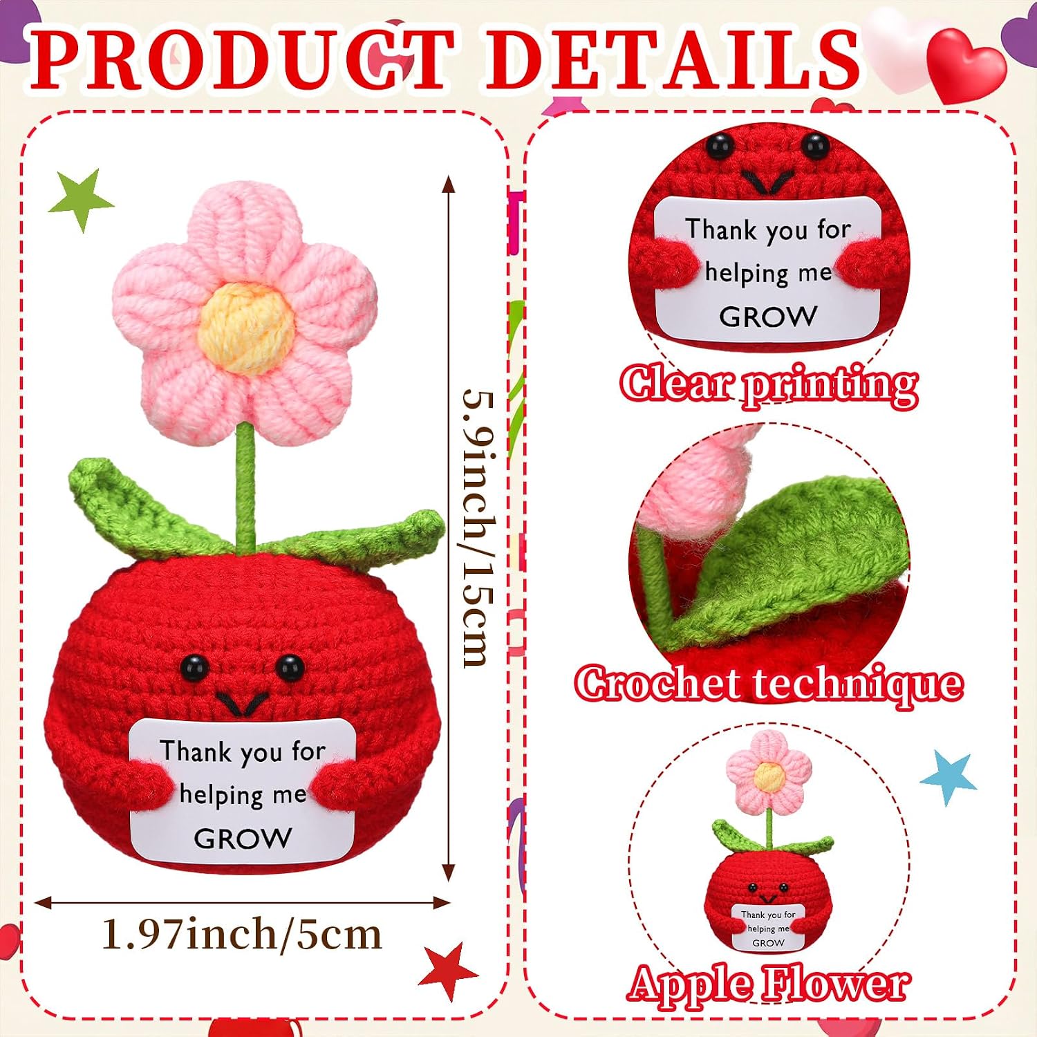 Wavwavw 4 Pcs Graduation Teacher Gift, Positive Handmade Flower Crochet Doll with Fruit Sticky Notes 3x3 in and Makeup Bag for Teacher Graduation End of School Year Gifts Thank You for Helping Me Grow