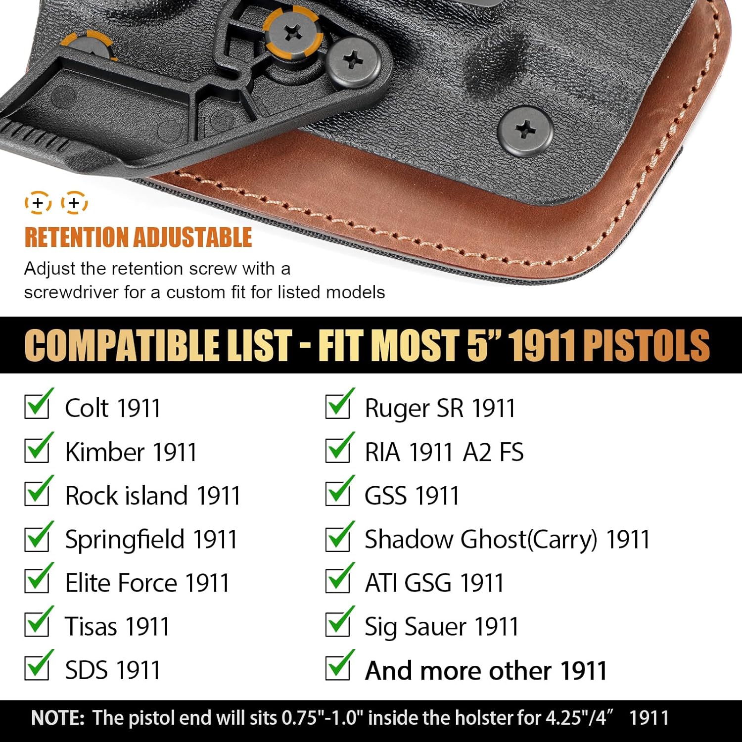 WARRIORLAND 1911 Holster, IWB Hydrid Holster Compatible with 5" 1911: Colt/Kimber/Tisas/S&W/Ruger/Sig/RIA etc. - Optic Cut, Adj. Carry Height & Cant & Retention | Ultimate Comfort | Right Hand