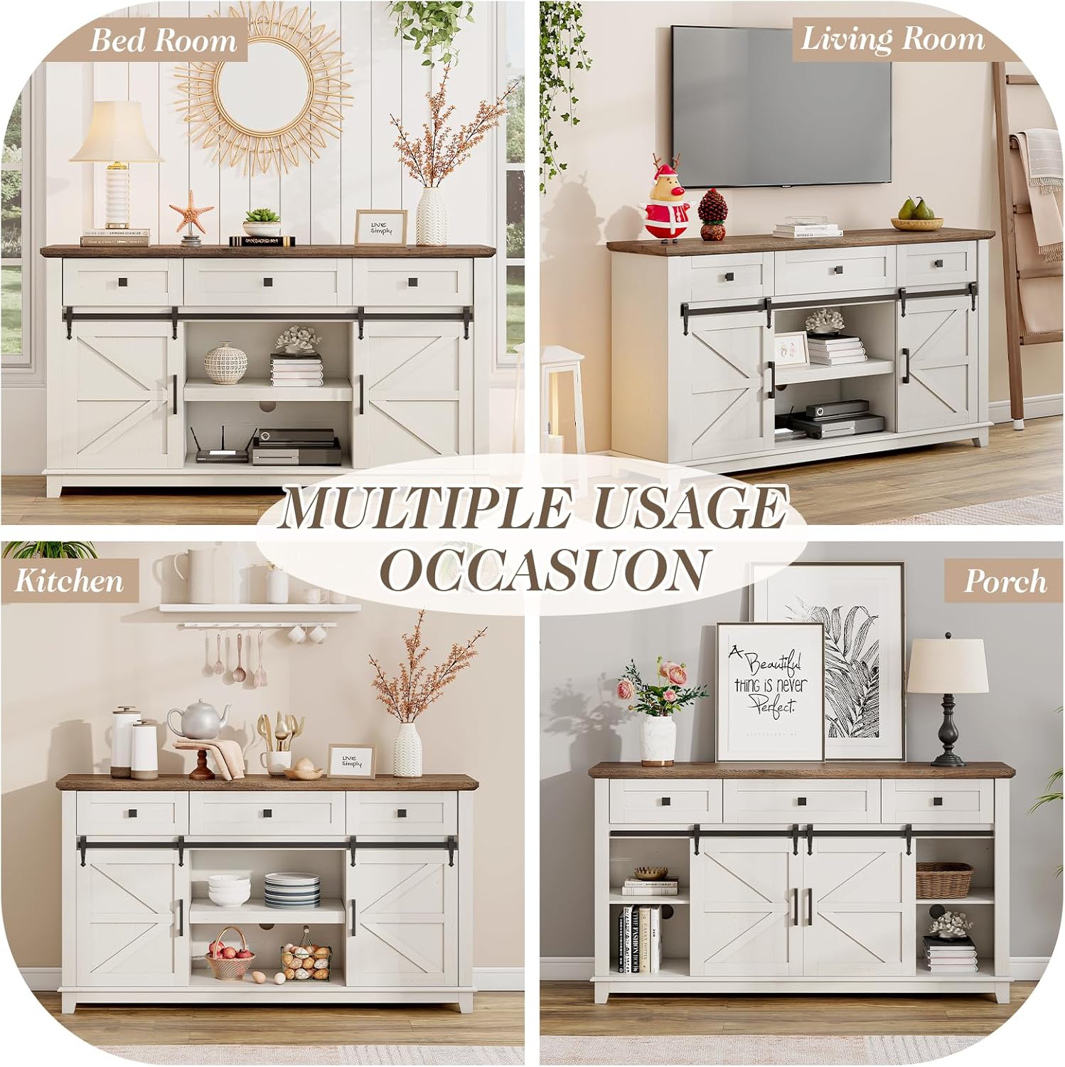 Farmhouse TV Stand with Sliding Barn Door & Drawer, 59" Rustic Entertainment Center for TVs up to 65", Buffet Storage Cabinet for Living Room, Dinning Room, White+Barnwood