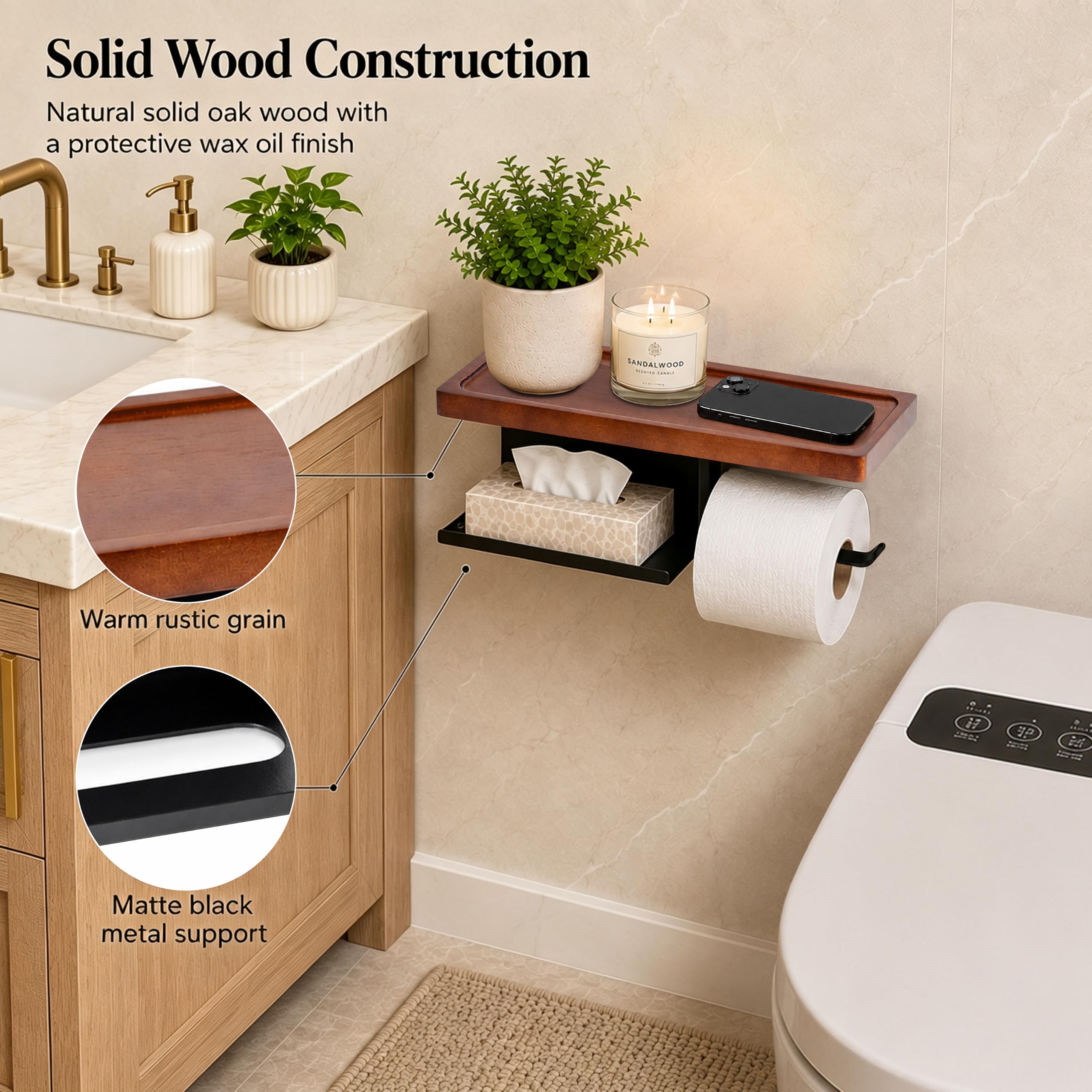 Wood Toilet Paper Holder with Shelf, Black Self-Adhesive Wall Mount — Amazon image 4