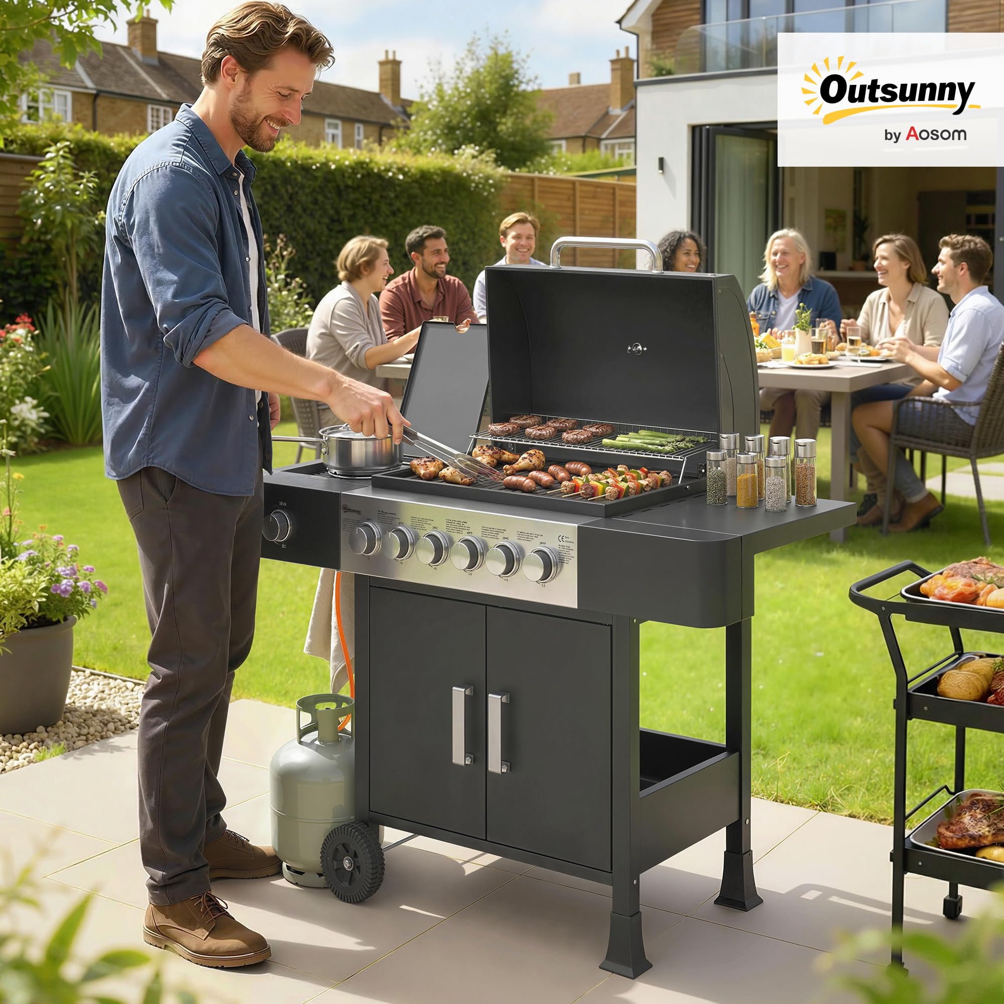 Outsunny Gasgrill 17,8 KW 6+1 Brenner BBQ Grillwagen aus Edelstahl inkl Rolle Seitenbrenner Thermometer Emaille-Grillrost Warmhalterost Seitentisch Unterschrank, Gas-Grill für Balkon BBQ Party