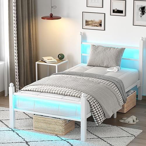 Miniatura 40 de Base de cama de tamaño individual con estación de carga y luces LED, marco de cama de metal con cabecero, cabecera tapizada negra con estantes de