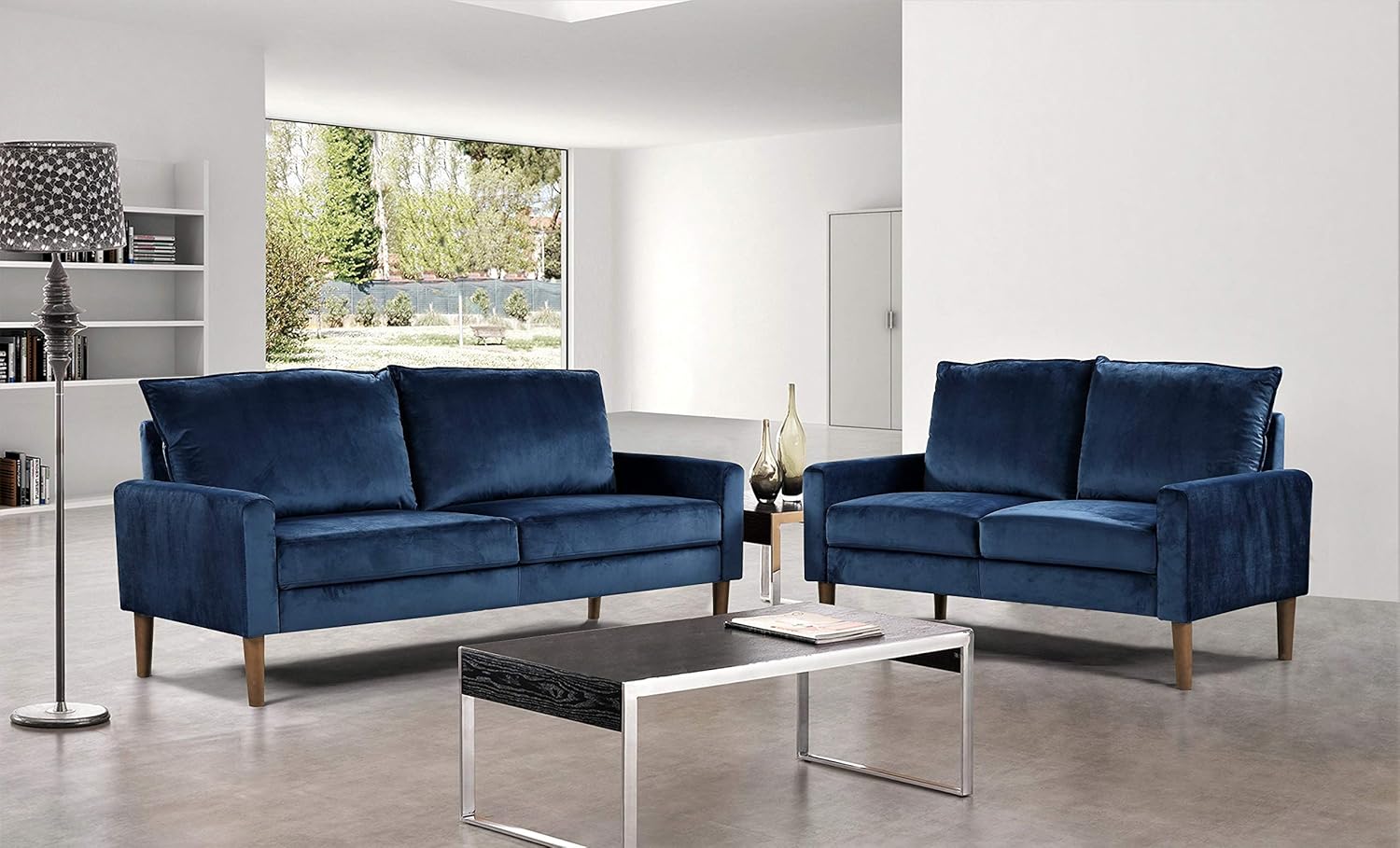 Petit Sofa Mid Century Modern Velvet Couch for Small Spaces, Upholstered 3 Seater Living Room and Bedroom, Easy Assembly, Cobalt Blue