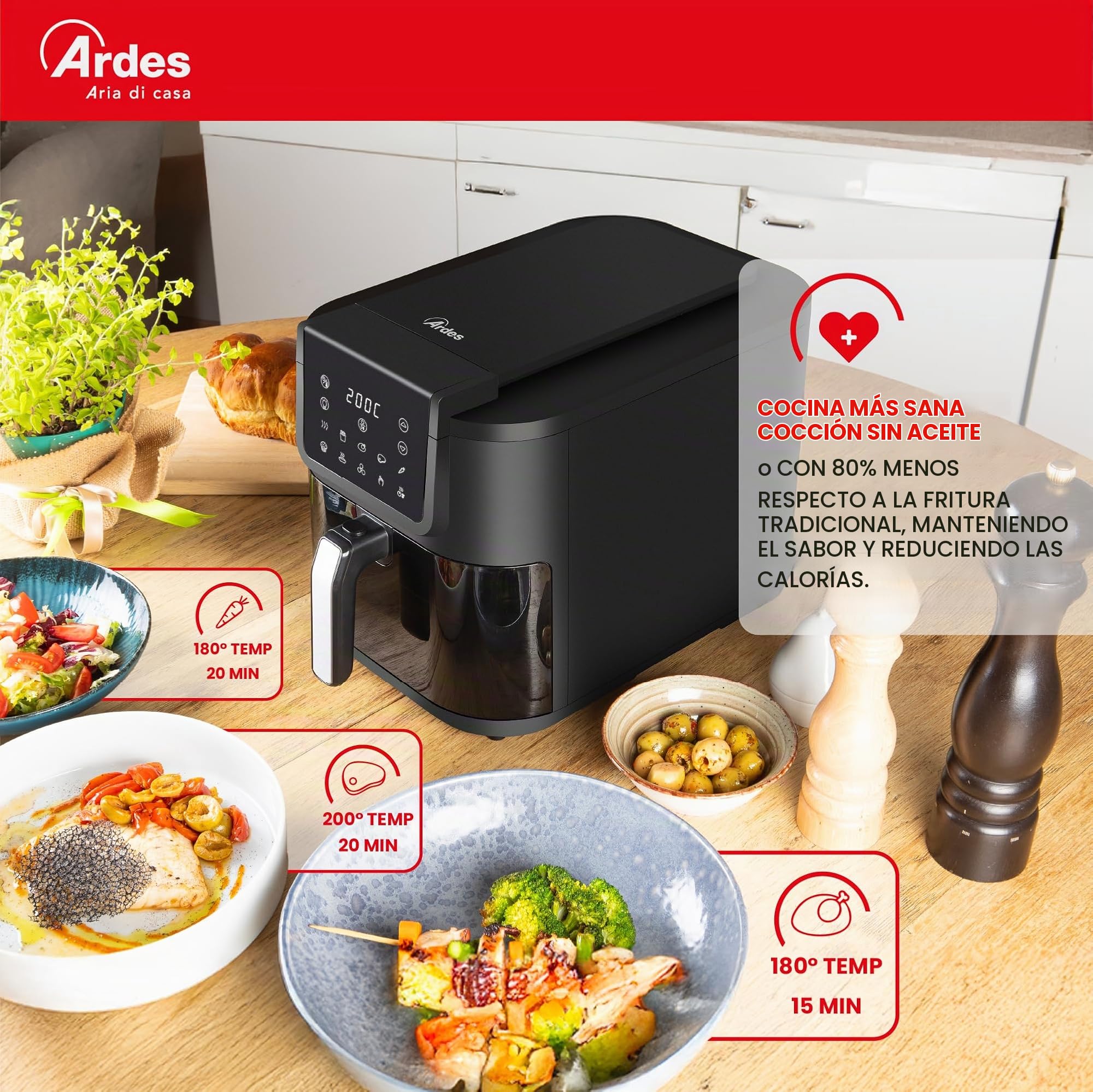 Ardes Friggisana Infinity ARFRYA08LV - Freidora de aire con ventana de 8 litros - Airfryer +35% de espacio y tecnología Rapid Air - con temperatura y temporizador ajustables, luz, pantalla