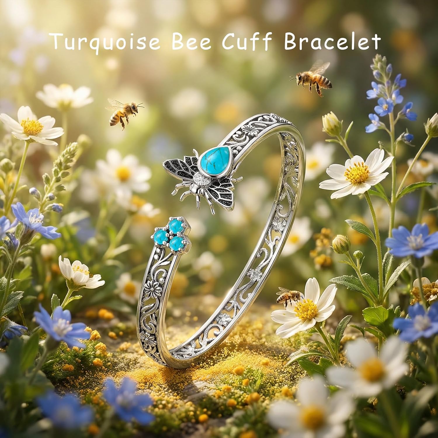 Genuine Turquoise Cuff Bracelet for Women, 925 Sterling Silver Adjustable Bee Filigree Bangle, Boho Vintage Jewelry Birthday Gift for Her