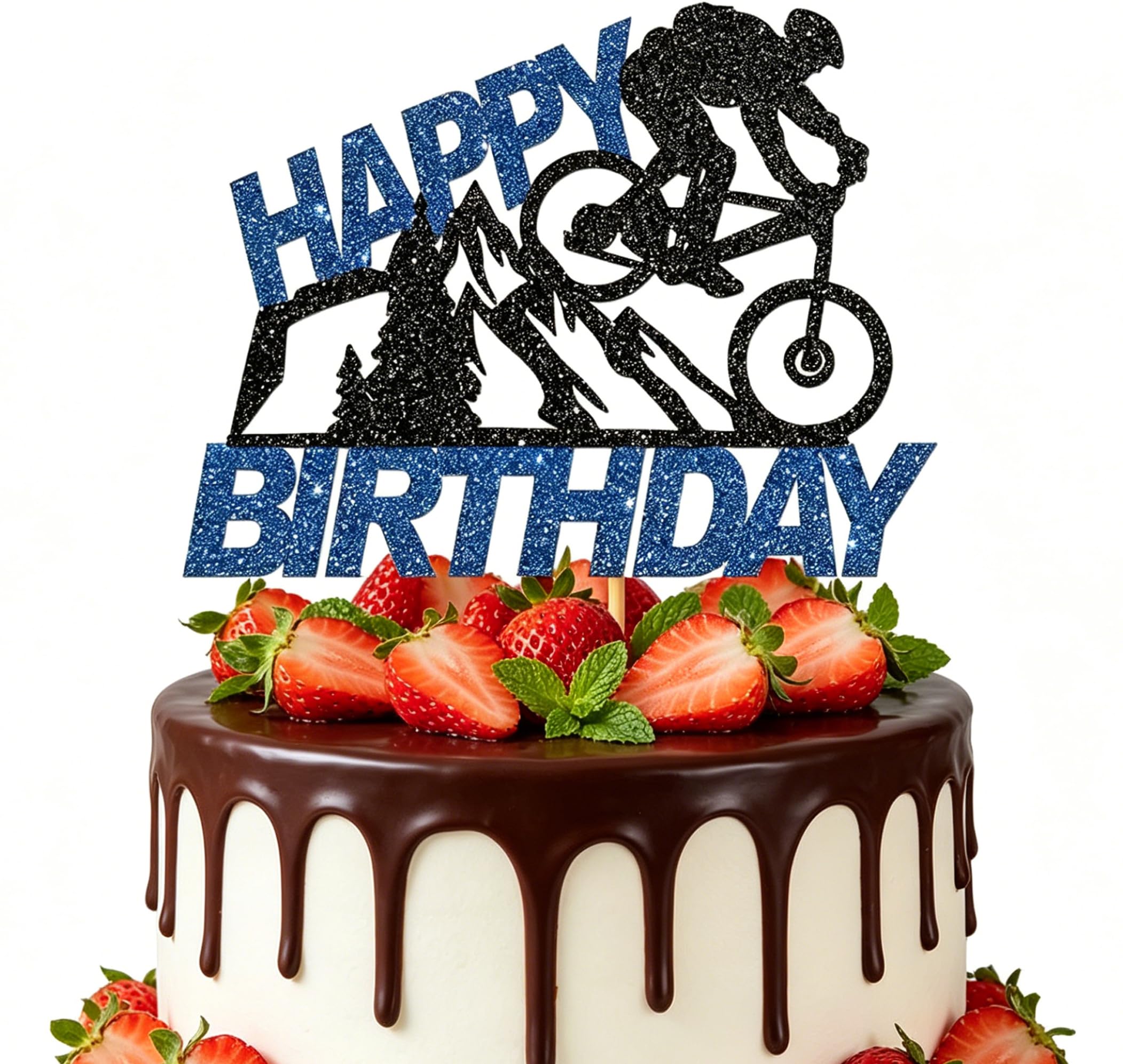 Mountain Bike Cake Topper, Pre-assembled Cycling Theme Birthday Cake Decoration with Glitter for Men, Outdoor Biking Party