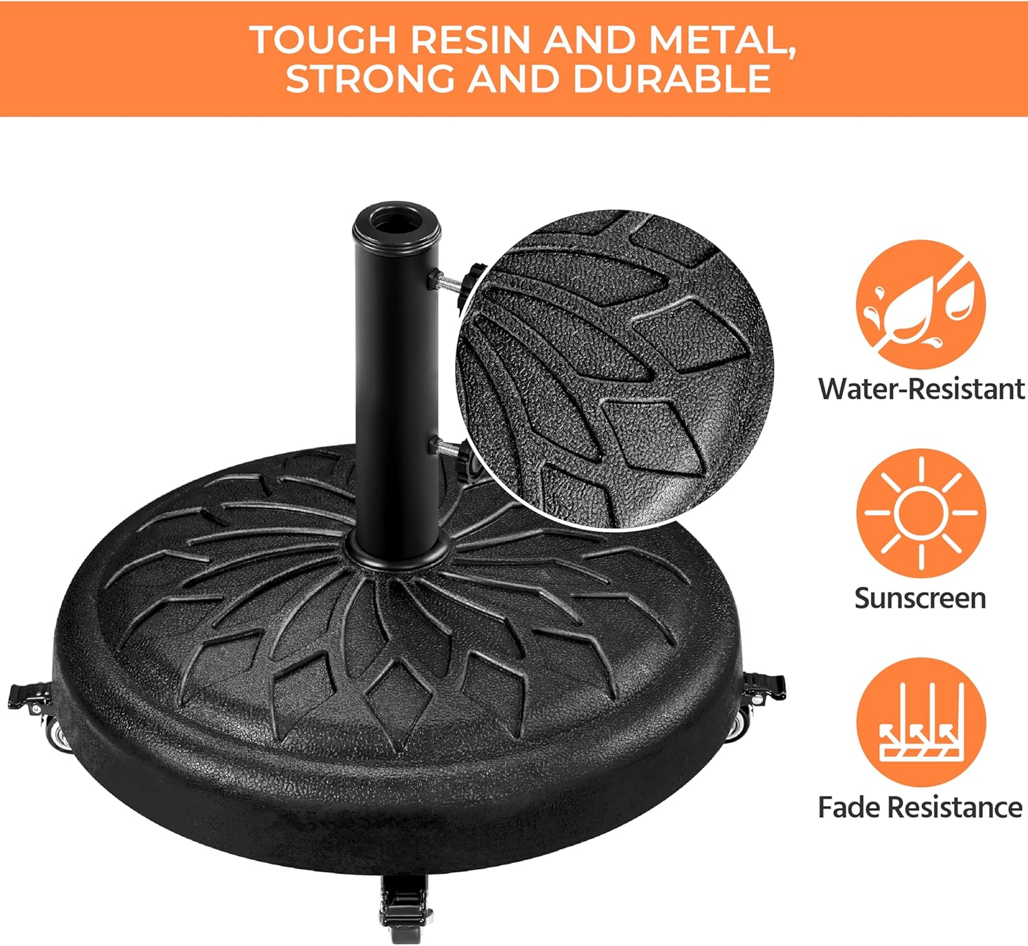 Yaheetech 45lbs Heavy Duty Round Umbrella Base with 4 Lockable Rolling Wheels & 2 knobs, Outdoor Antiqued Umbrella Stand, 20” Market Patio Umbrella Base for Garden, Yard, Lawn Black