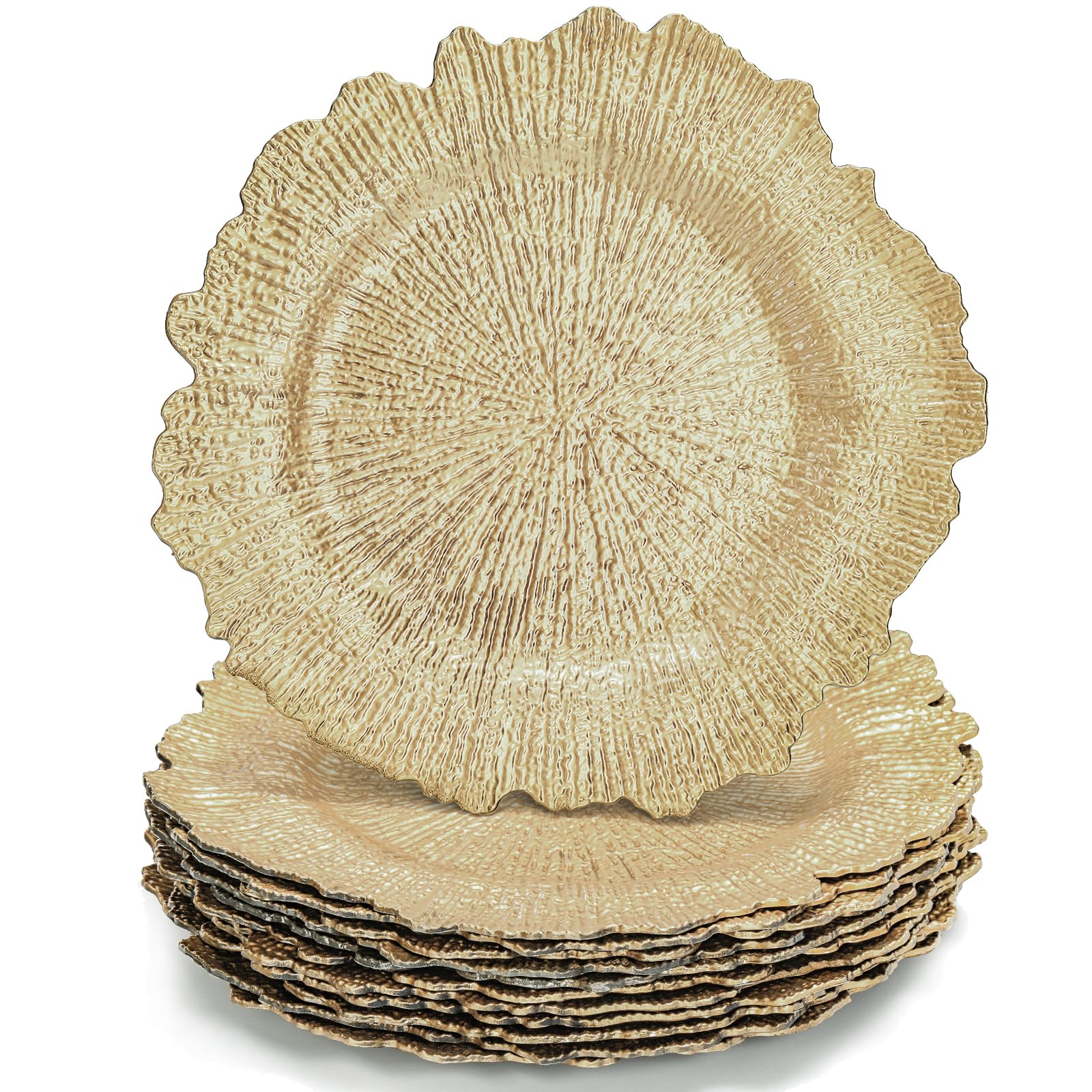 12 Pack Gold Charger Plates, 12.7" Round Plastic Reef Plate Chargers with Flora Reef Design for Wedding Dinner Party Decoration