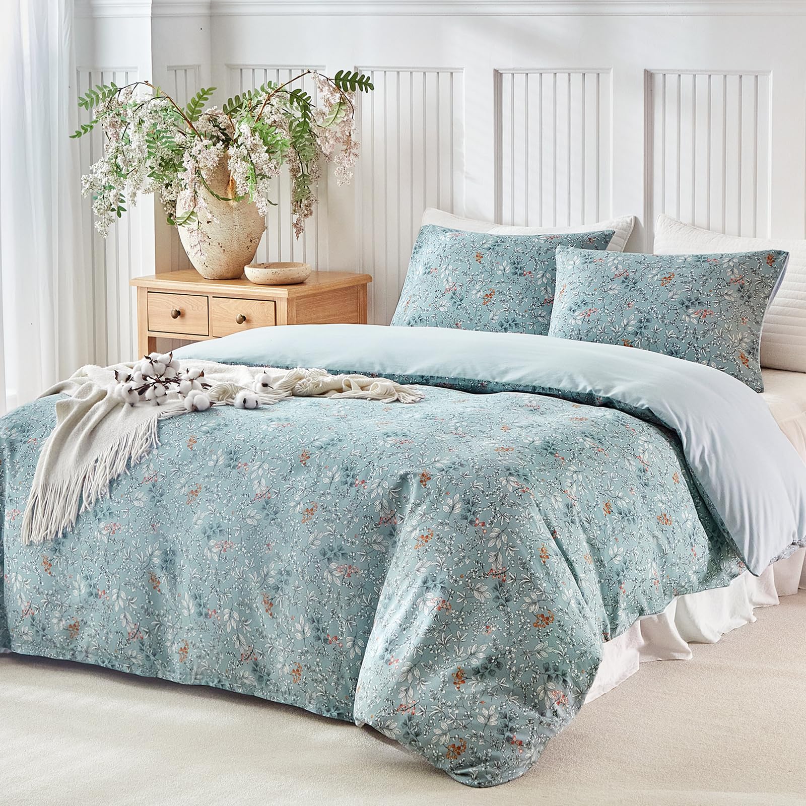 Lekesky 100% Cotton King Size Duvet Cover Set with Floral Print, Dusty Blue