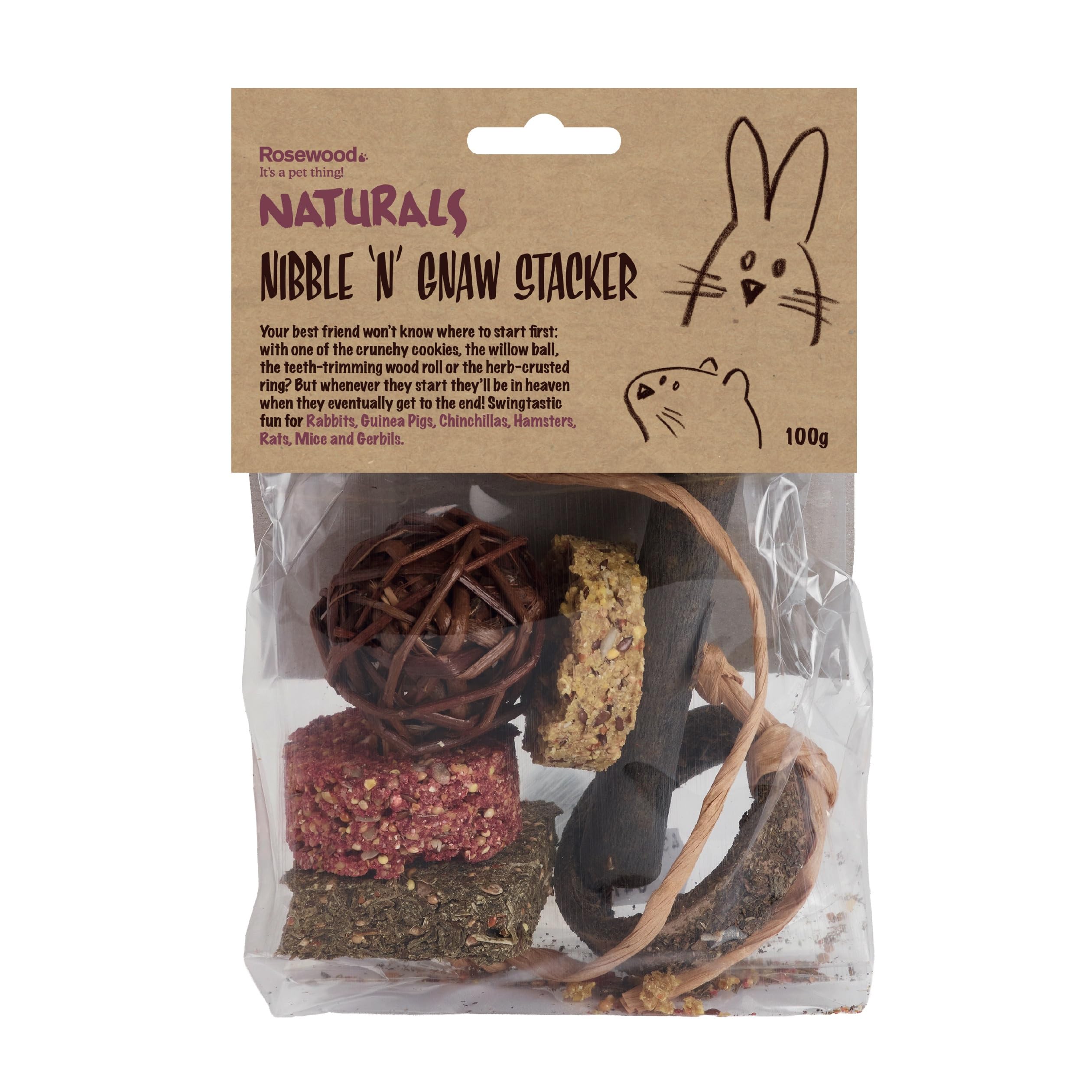 Rosewood Naturals Nibble ‘N’ Gnaw Stacker, Small Animal Treat and Gnaw Toy for Rabbits, Guinea Pigs, Chinchillas, Hamsters, Gerbils, Mice and Rats, 100g
