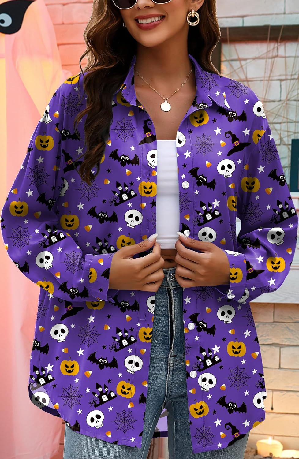 Halloween Shirts for Women: Pumpkin Skeleton T-Shirts Graphic Halloween Fall Long Sleeve Hawaiian Button Down Blouse - Image 2