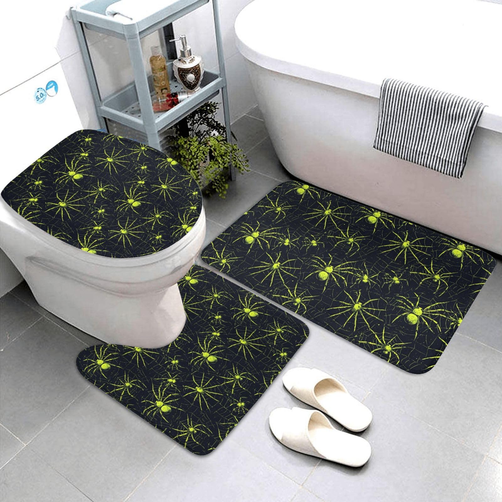 Tapis de salle de bain motif araignée verte | Lot de 3 lavables