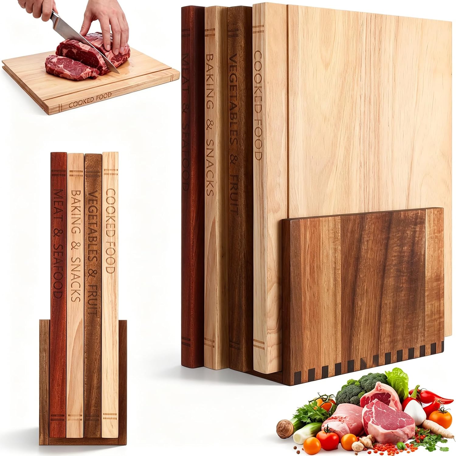 Novabright 5 Pcs Book Shaped Wooden Cutting Board Set with Holder Wood Chopping Boards for Meat Vegetables Fruit Bread Cheese and Charcuterie, Kitchen Countertop Decor, Gift for Book Lovers