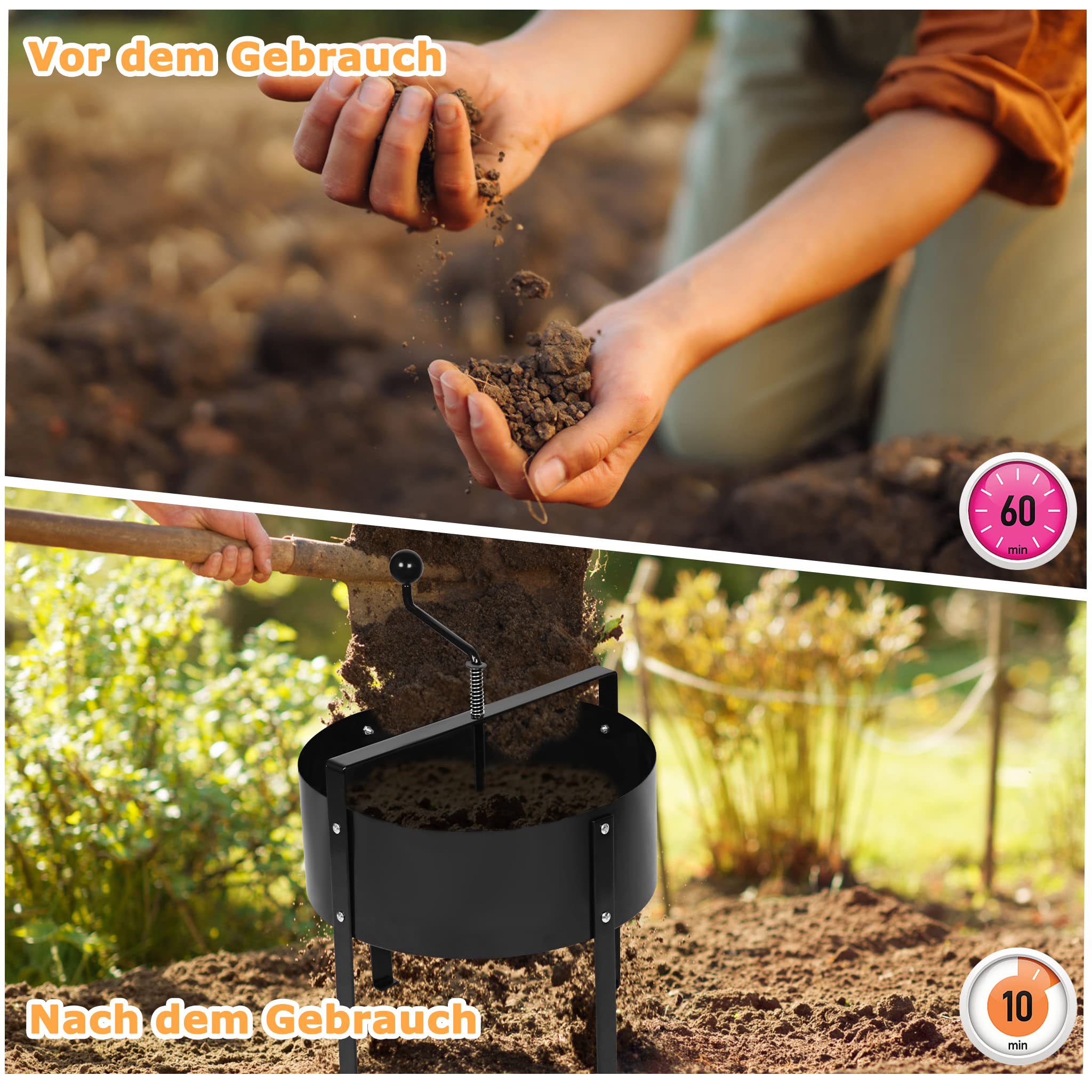 UISEBRT Gartensieb Erde Bodensieb Handkurbelsieb Kompostsieb Ø40 cm Sieb aus Metall für Erde Steine Kompost Unkraut Sand, Schwarz
