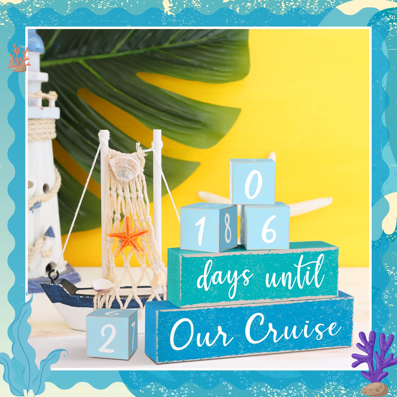 ラインシェーディング木製カウントダウンカレンダーブロック リバーシブルカウントダウンカレンダー オーシャンカレンダーブロック 記念日装飾  誕生日パーティー ホームデスクシェルフギャラリーテーブル装飾用 5個