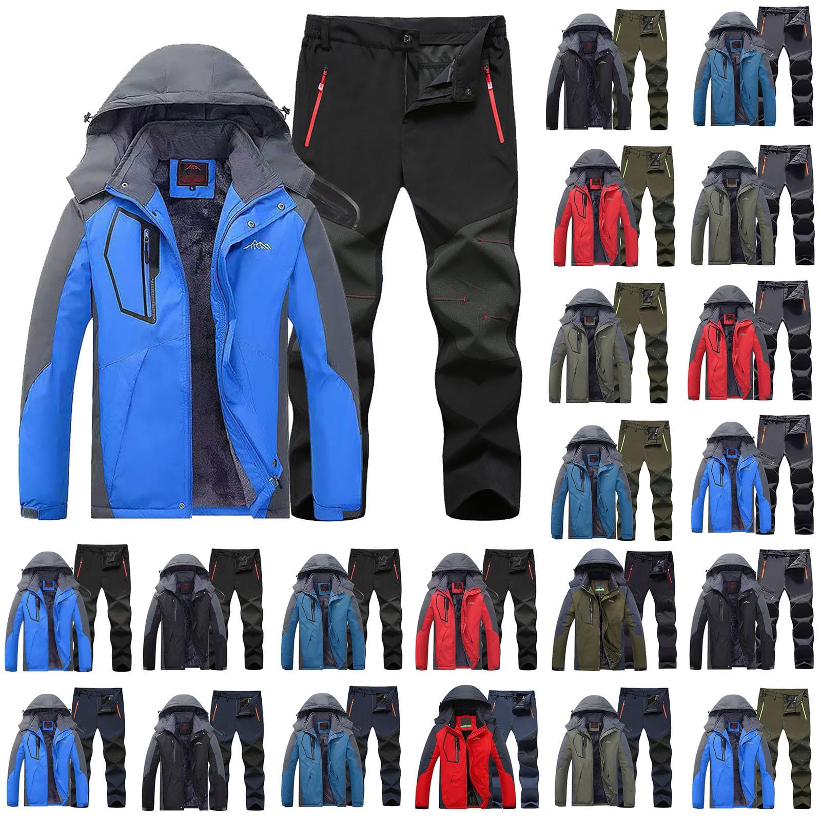 Tuta con cappuccio da uomo, set completo giacca da sci pantaloni da | Tuta termica impermeabile con cappuccio rimovibile, giacca da neve, pantaloni elasticizzati foderati in pile, set per sci