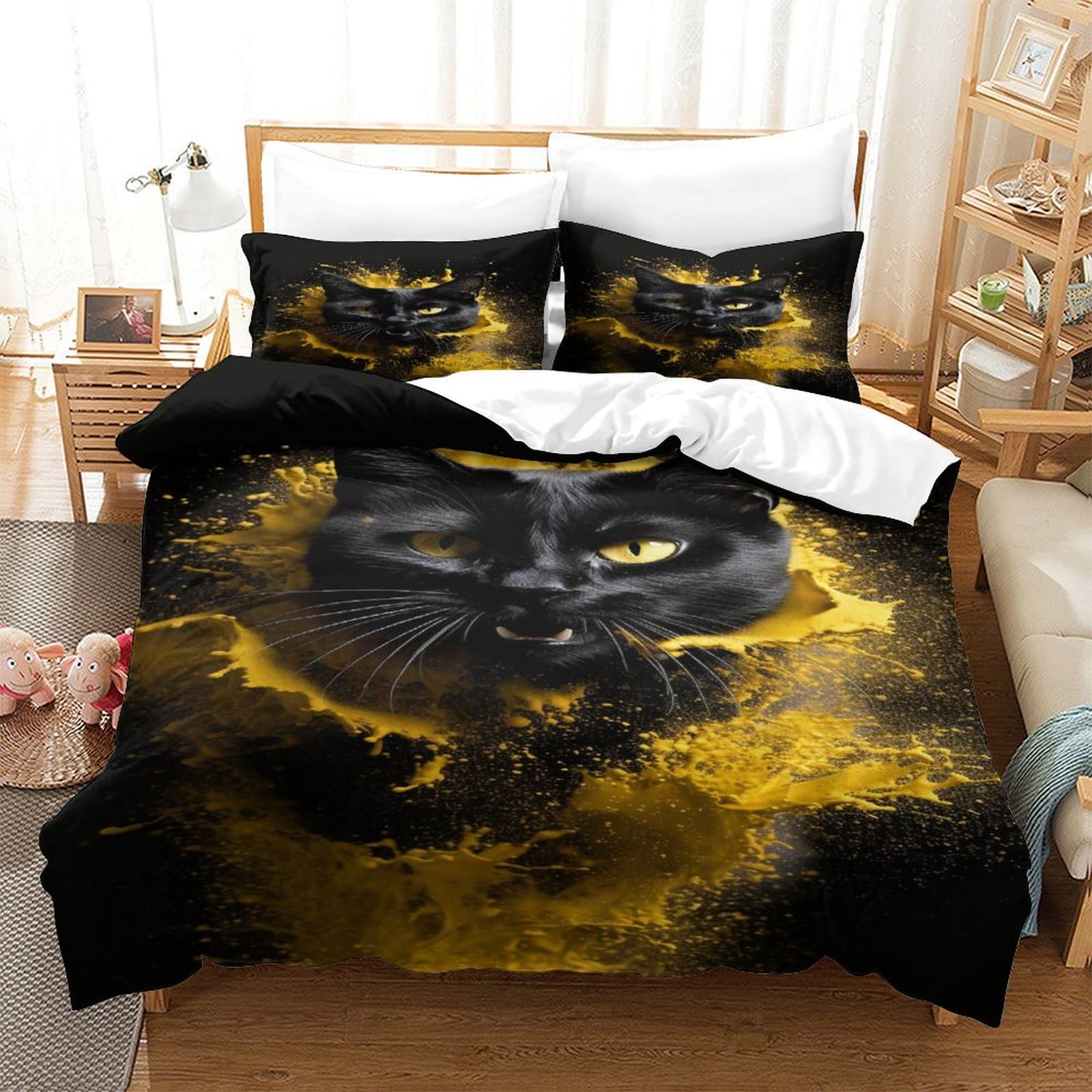P1S9U7W5Y 3D Printed Artistic Black Cat Duvet Cover Set 3pcs Microfiber Cat Bedding Set King