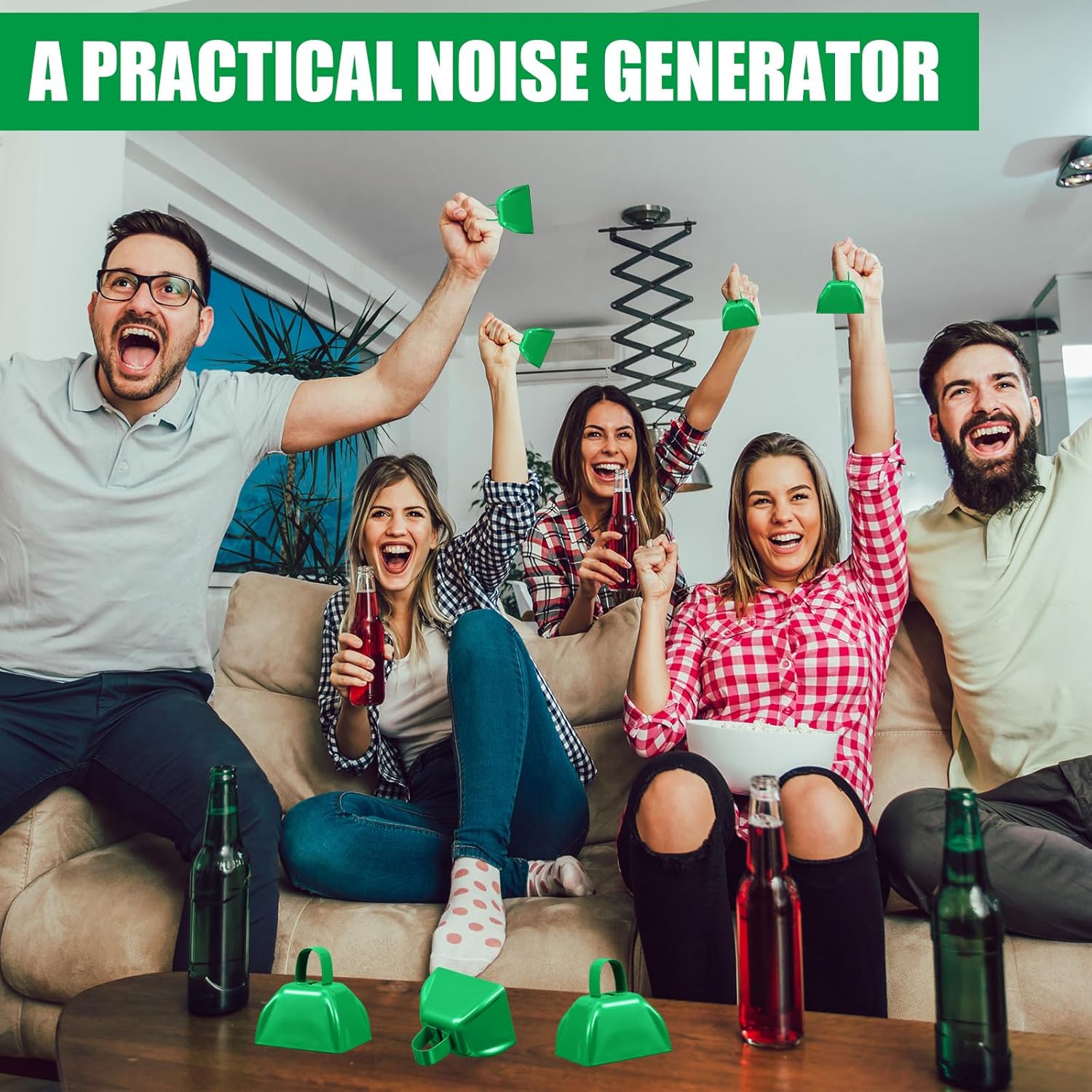 Therwen 12 Pack Metal Cow Bells Noise Makers with Handle 3 Inch Hand Percussion Cowbells Bulk Loud Call Bell for Sporting Events Cheering Football Games Team Spirit Weddings Party Noisemakers (Green)