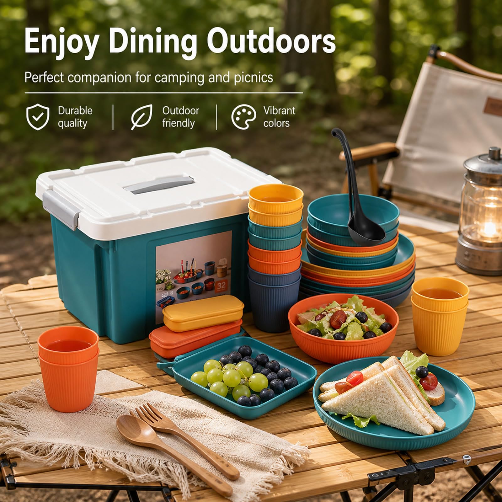 Juego deVajilla de Camping Reutilizable 8 Personas con Caja | Apto para Microondas y Lavavajillas, Duradero, Portátil, Antideslizante, Apilable, Ideal para Picnics Fiestas Viajes